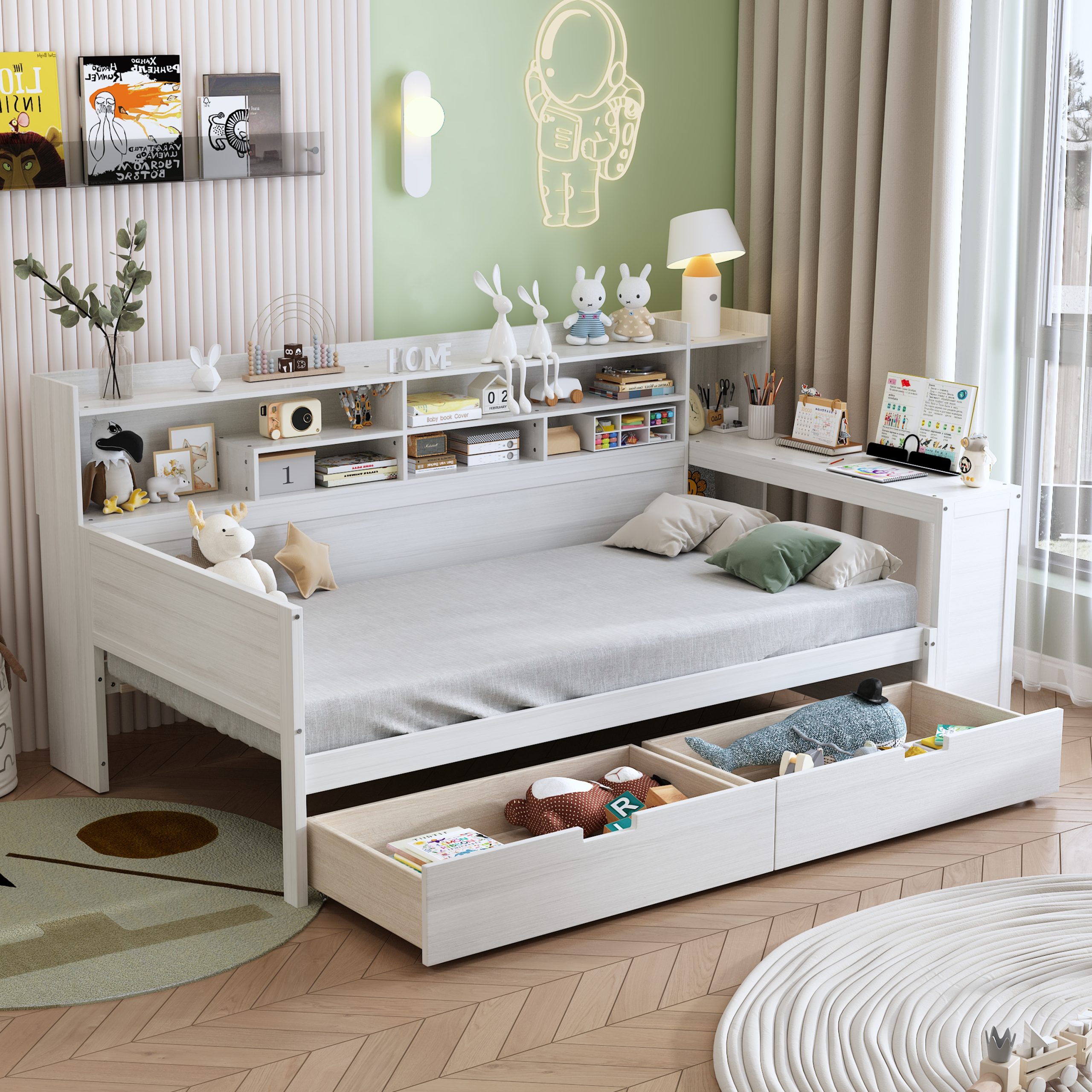 Wooden Twin Size Daybed with Storage Shelves, Multi-functional Bed with Two Storage Drawers and Study Desk, Antique White (Old SKU: HL000189AAK) - Image 3