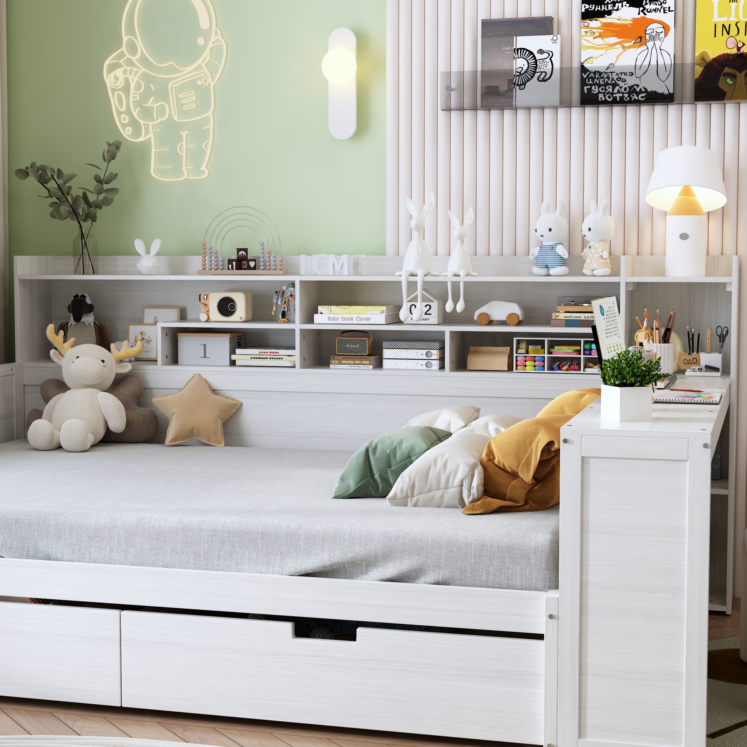 Wooden Twin Size Daybed with Storage Shelves, Multi-functional Bed with Two Storage Drawers and Study Desk, Antique White (Old SKU: HL000189AAK) - Image 4