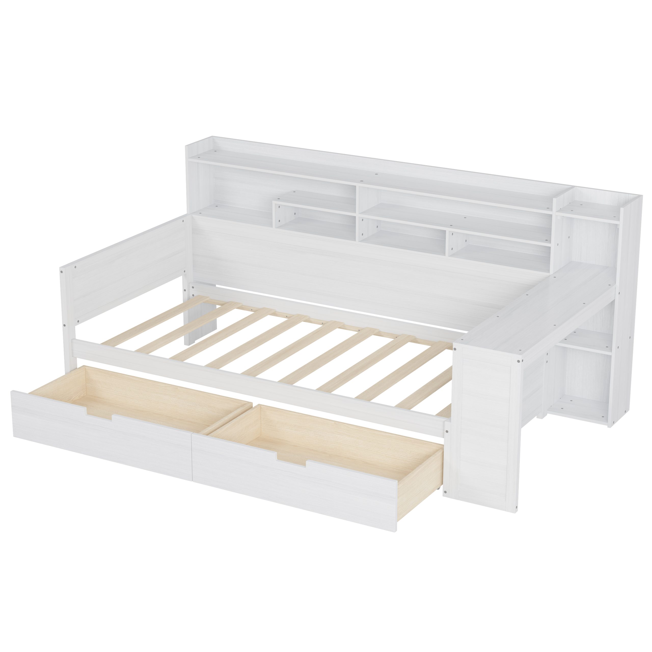 Wooden Twin Size Daybed with Storage Shelves, Multi-functional Bed with Two Storage Drawers and Study Desk, Antique White (Old SKU: HL000189AAK) - Image 5