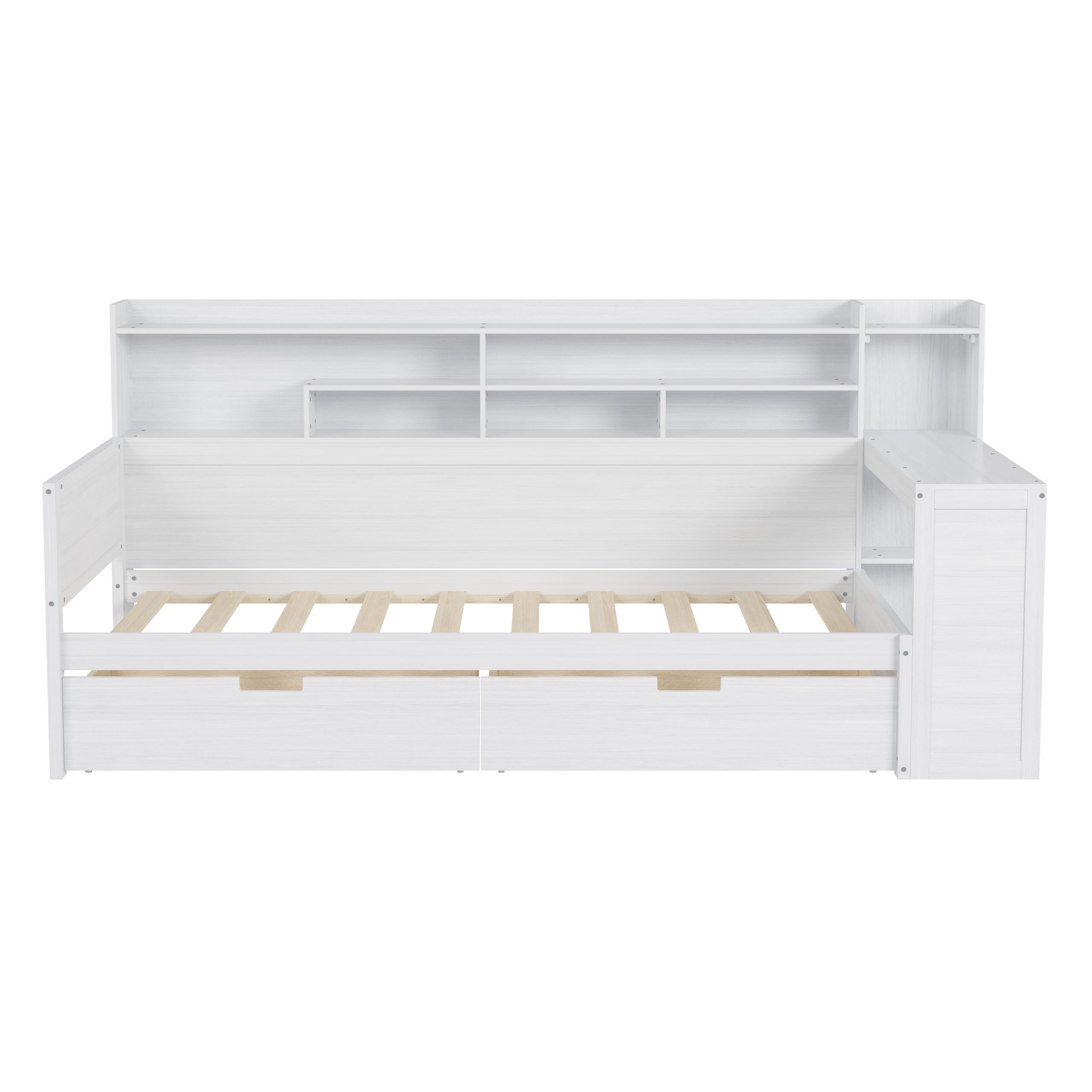 Wooden Twin Size Daybed with Storage Shelves, Multi-functional Bed with Two Storage Drawers and Study Desk, Antique White (Old SKU: HL000189AAK) - Image 6