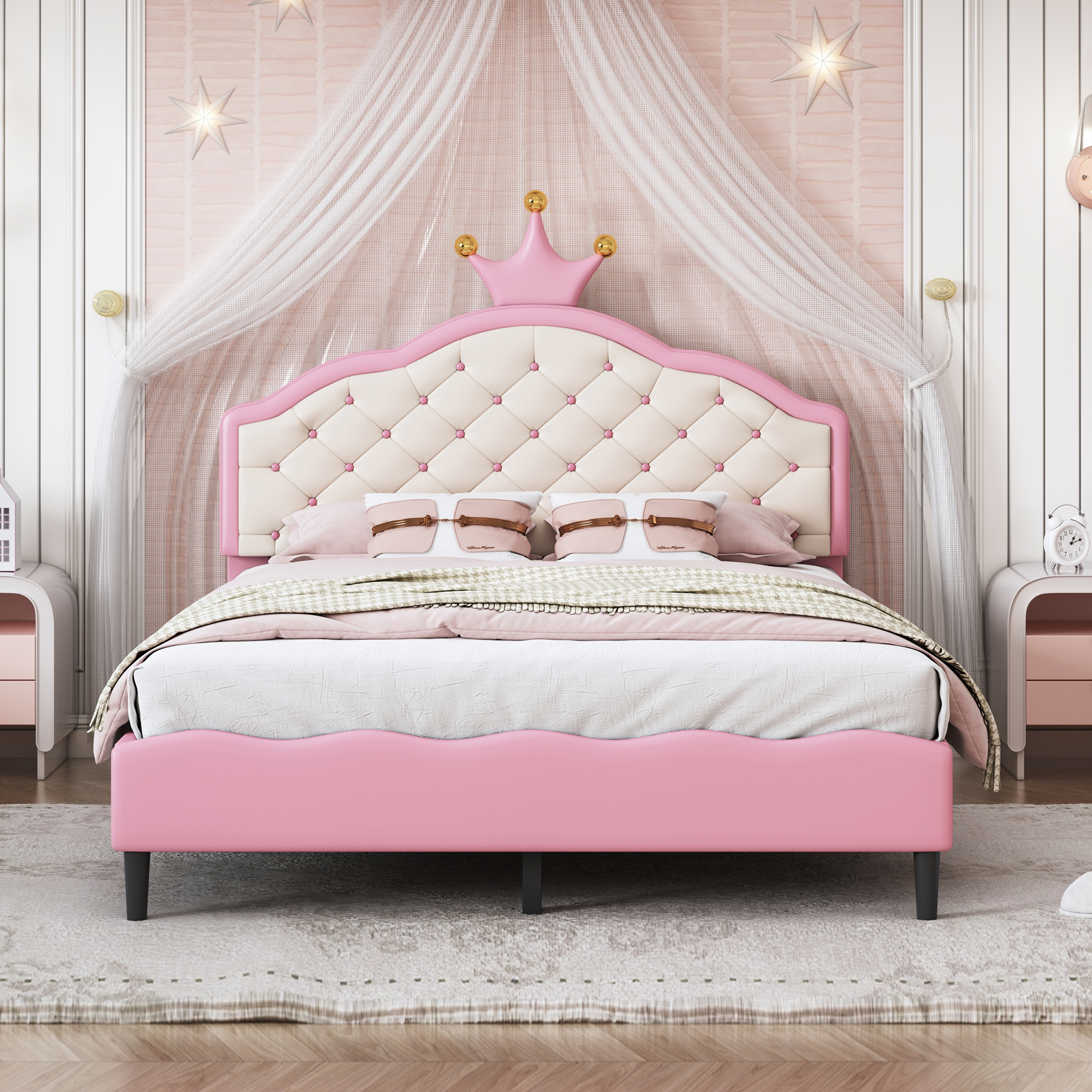 Full Size Lovely Crown Fantasy PU Leather Princess Bed with Tufted Headboard, Pink+Cream - Image 3