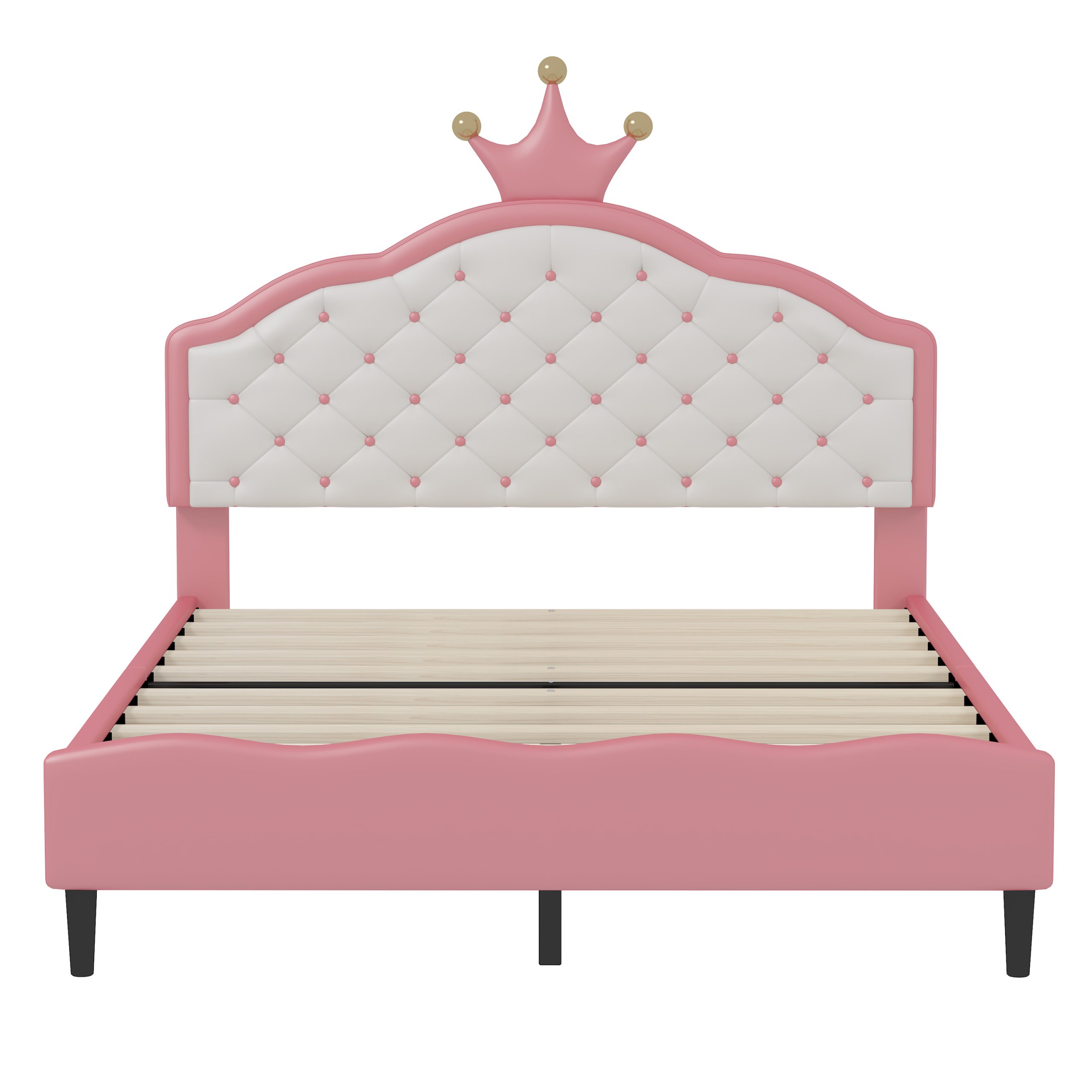 Full Size Lovely Crown Fantasy PU Leather Princess Bed with Tufted Headboard, Pink+Cream - Image 4