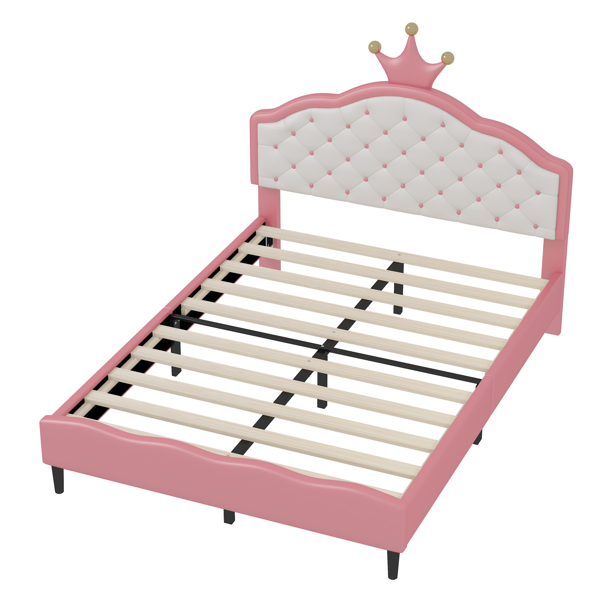 Full Size Lovely Crown Fantasy PU Leather Princess Bed with Tufted Headboard, Pink+Cream - Image 5