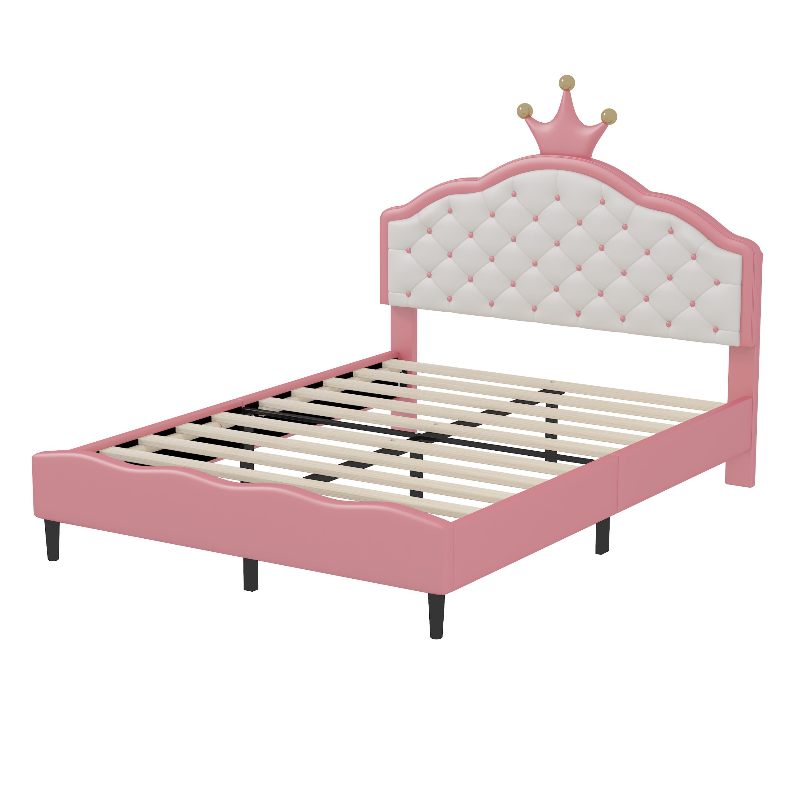 Full Size Lovely Crown Fantasy PU Leather Princess Bed with Tufted Headboard, Pink+Cream - Image 6