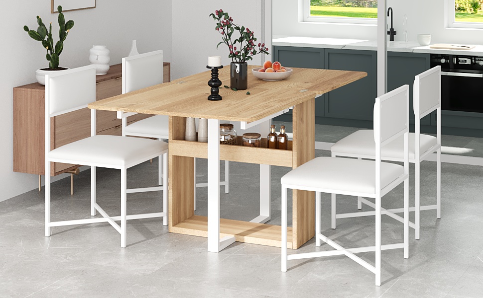 TOPMAX Modern Compact 63inch 5-Piece Extendable Dining Table Set, Foldable Square Kitchen Table Set with Storage Rack and 4 PU Leather Upholstered Dining Chairs for Small Places, White - Image 3