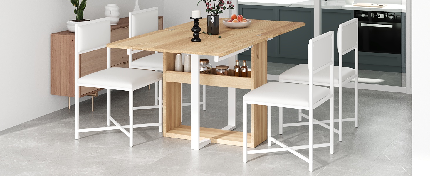 TOPMAX Modern Compact 63inch 5-Piece Extendable Dining Table Set, Foldable Square Kitchen Table Set with Storage Rack and 4 PU Leather Upholstered Dining Chairs for Small Places, White - Image 4