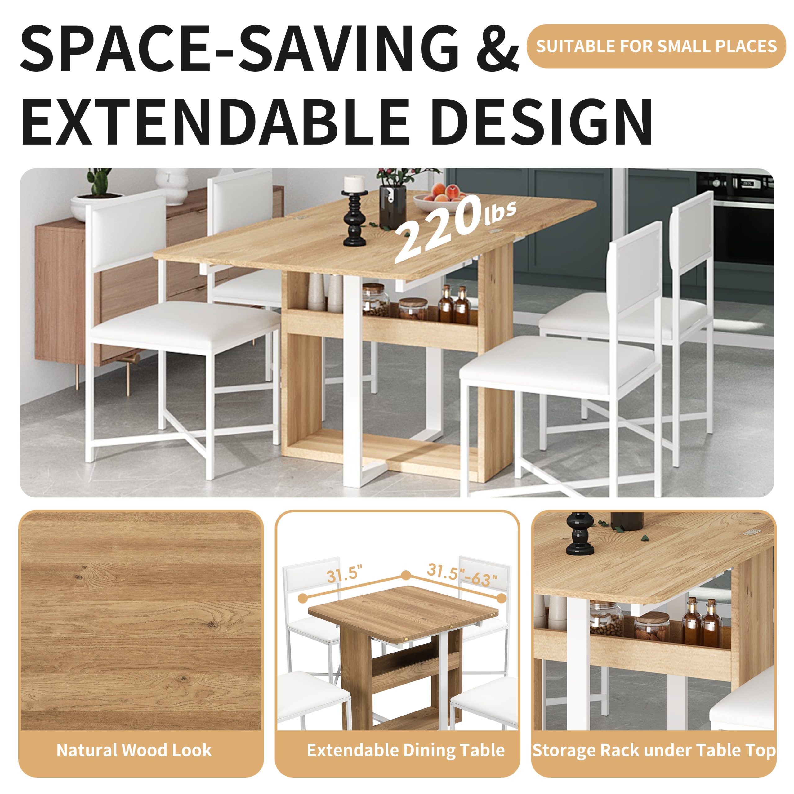 TOPMAX Modern Compact 63inch 5-Piece Extendable Dining Table Set, Foldable Square Kitchen Table Set with Storage Rack and 4 PU Leather Upholstered Dining Chairs for Small Places, White - Image 5