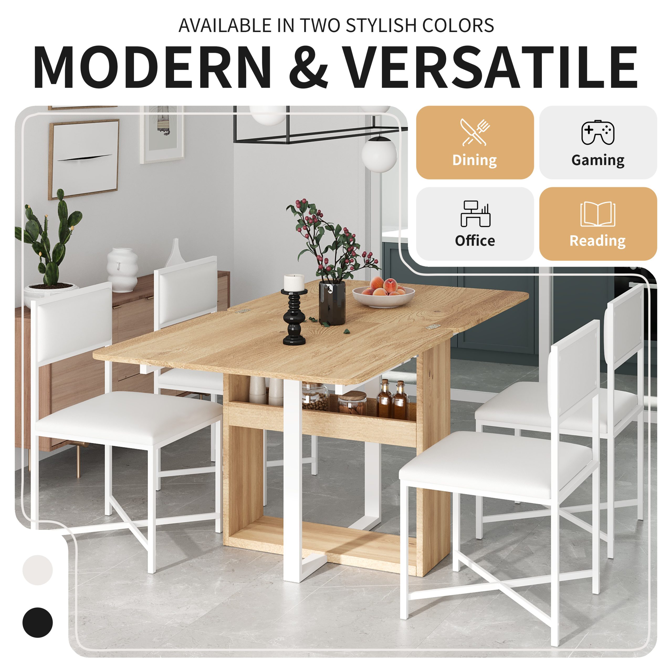 TOPMAX Modern Compact 63inch 5-Piece Extendable Dining Table Set, Foldable Square Kitchen Table Set with Storage Rack and 4 PU Leather Upholstered Dining Chairs for Small Places, White - Image 6