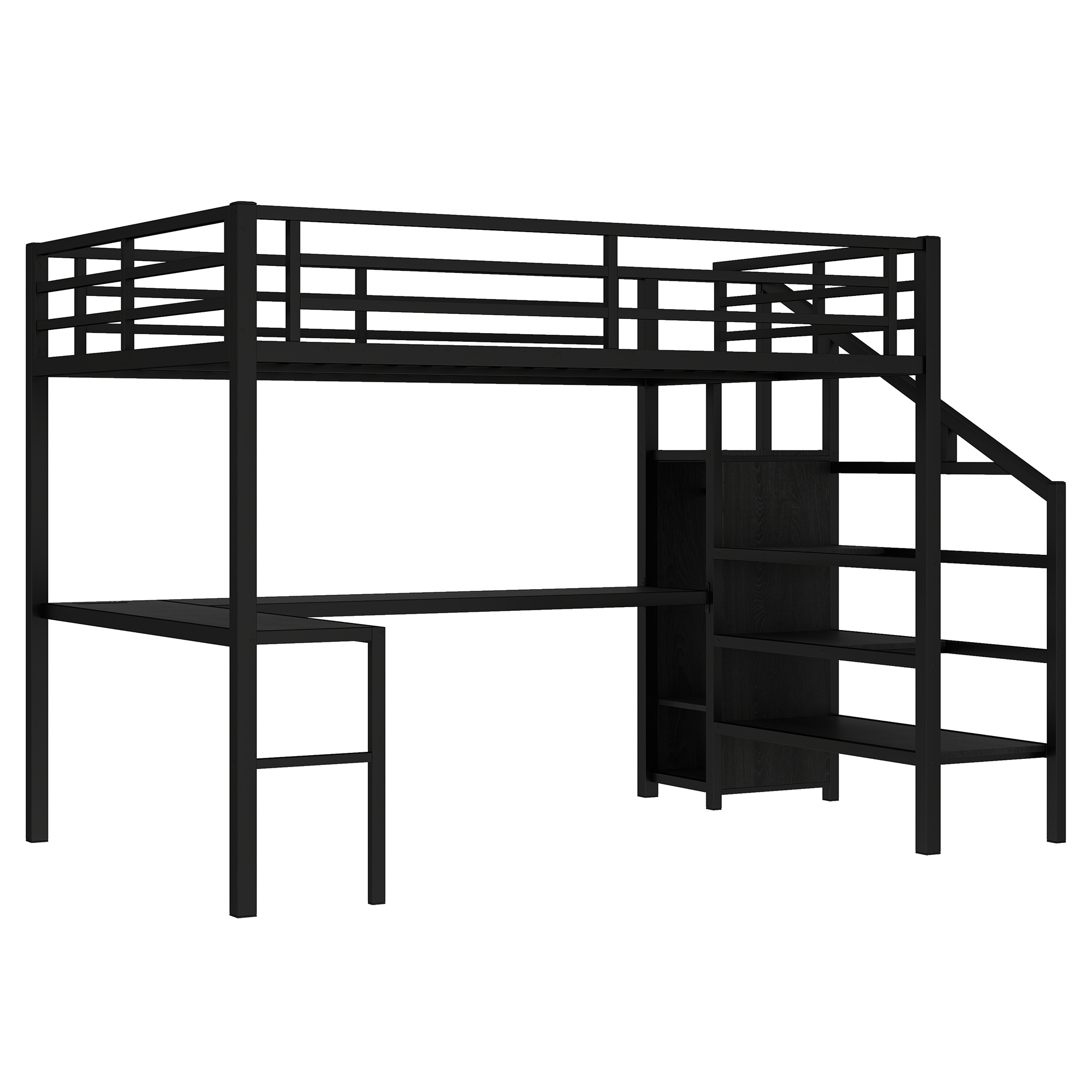 Queen Size Loft Bed with L-shaped Desk and USB, Metal Loft Bed with Wardrobe and Adjustable Shelf, High Loft Bed with LED for Kids Teens Adults, Black - Image 5