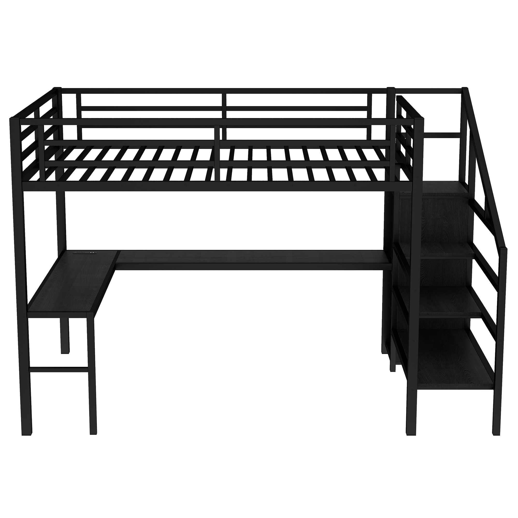 Queen Size Loft Bed with L-shaped Desk and USB, Metal Loft Bed with Wardrobe and Adjustable Shelf, High Loft Bed with LED for Kids Teens Adults, Black - Image 6