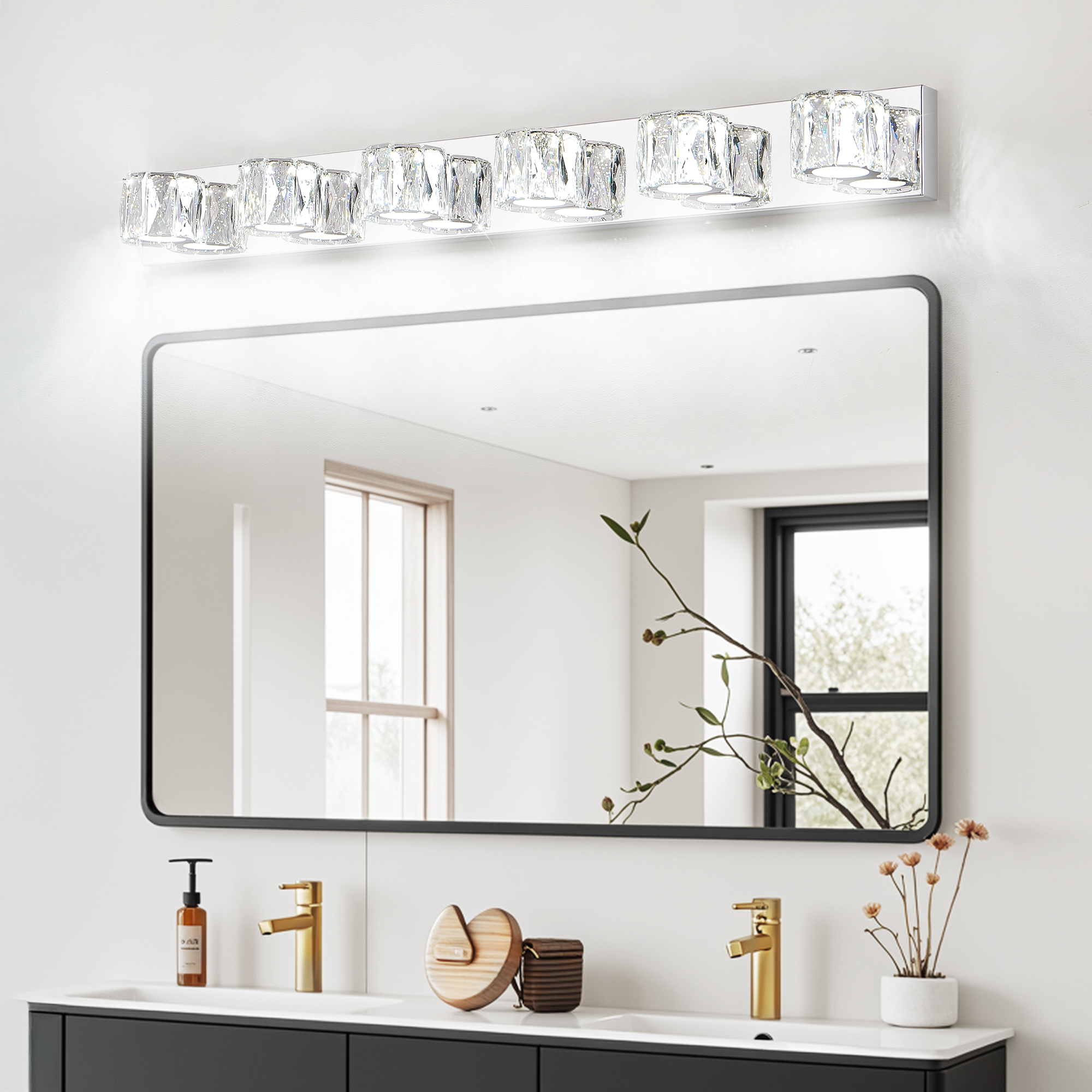 41" Modern Crystal 6-Light LED Wall Sconce – Elegant Chrome Bathroom Vanity Light with Clear Crystal Shades for Bathroom, Bedroom, or Hallway - Image 2