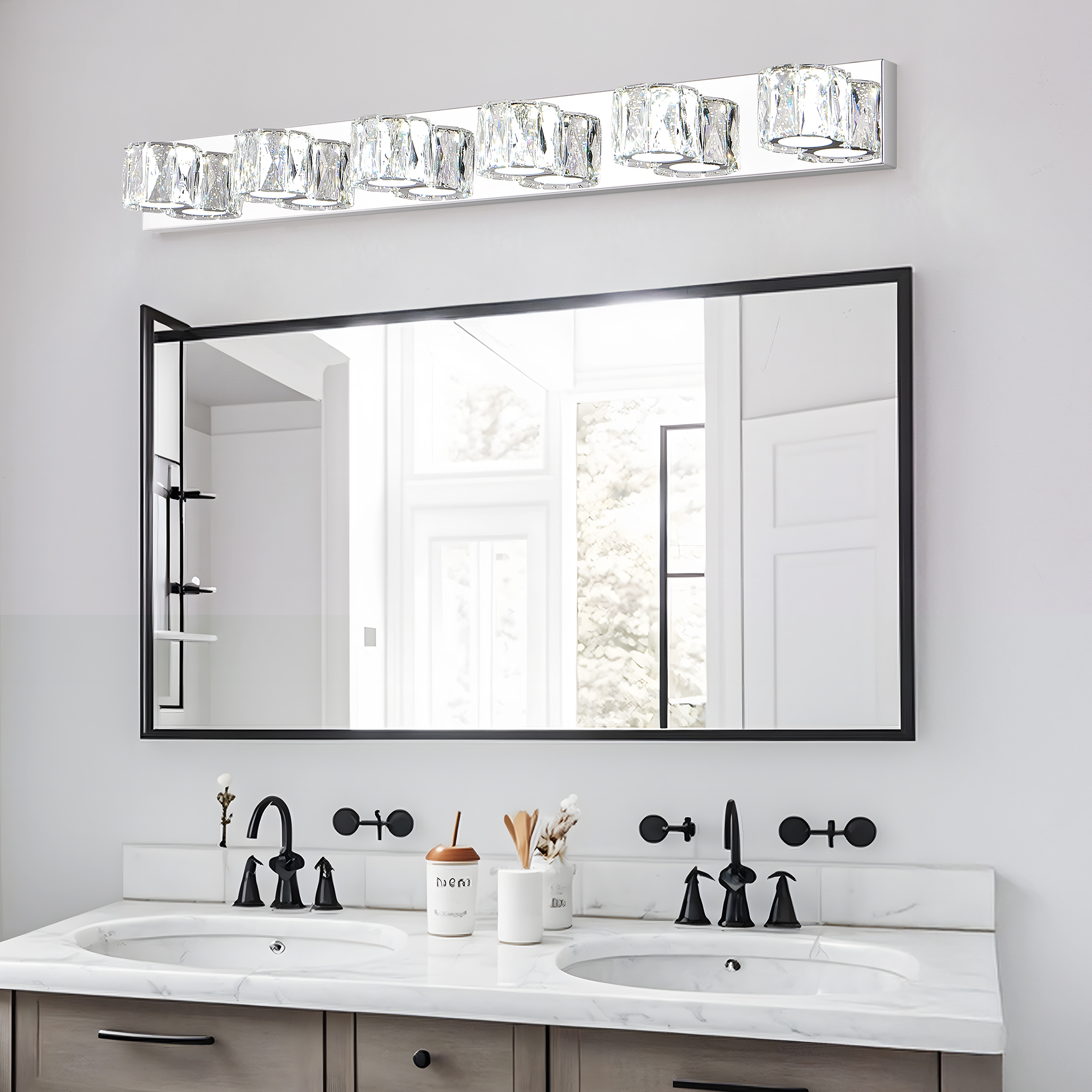 41" Modern Crystal 6-Light LED Wall Sconce – Elegant Chrome Bathroom Vanity Light with Clear Crystal Shades for Bathroom, Bedroom, or Hallway - Image 3