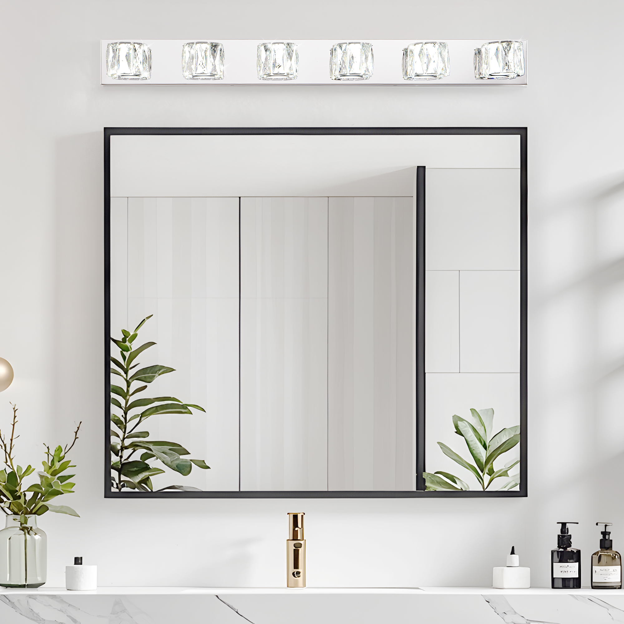 41" Modern Crystal 6-Light LED Wall Sconce – Elegant Chrome Bathroom Vanity Light with Clear Crystal Shades for Bathroom, Bedroom, or Hallway - Image 4