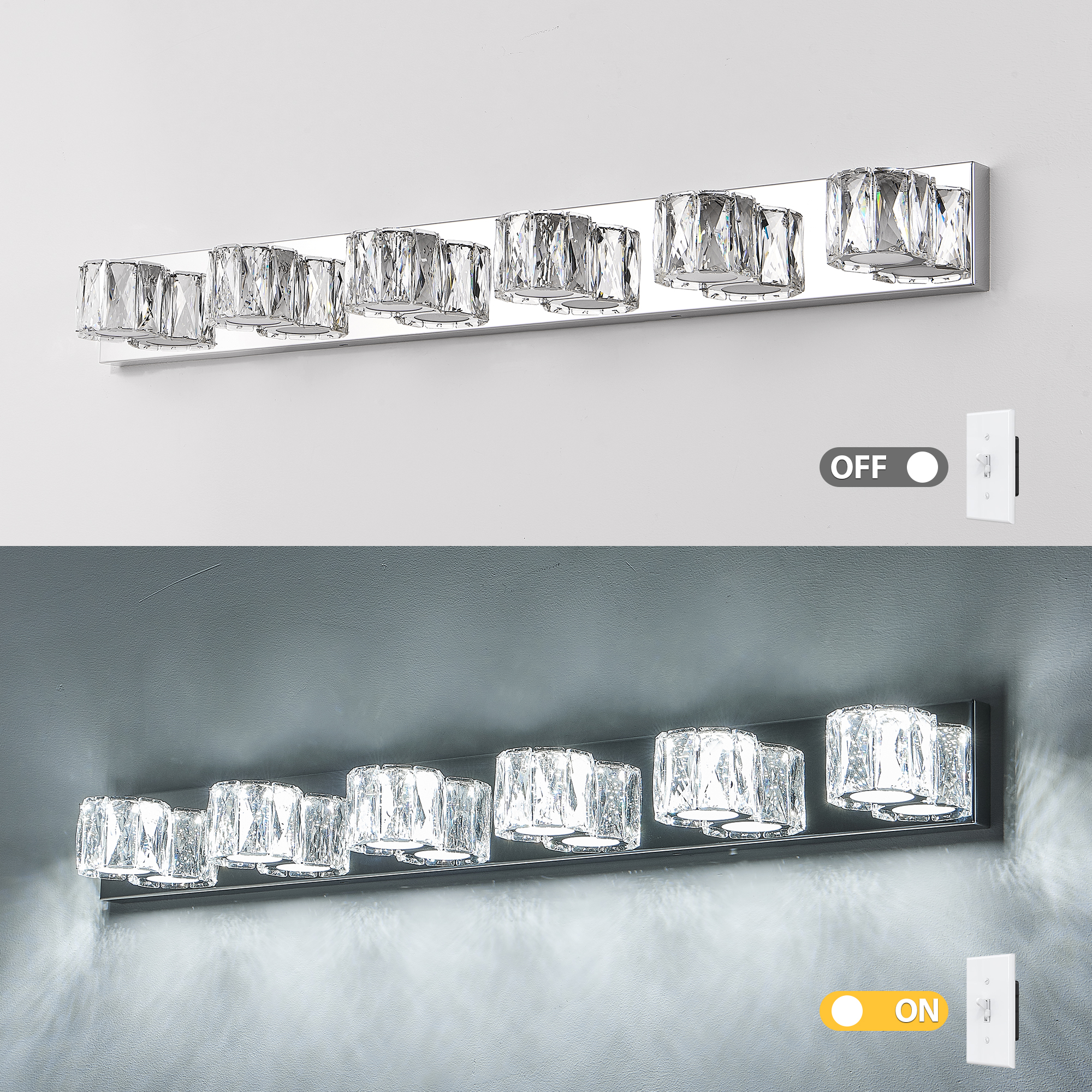 41" Modern Crystal 6-Light LED Wall Sconce – Elegant Chrome Bathroom Vanity Light with Clear Crystal Shades for Bathroom, Bedroom, or Hallway - Image 6