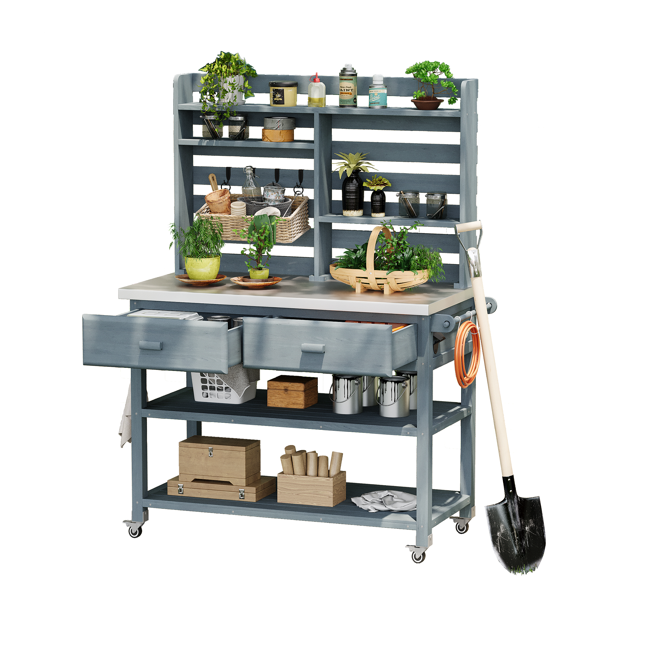 K&K 64.9"H Outdoor Potting Bench Table with Lockable Wheels, Solid Wood Outdoor Kitchen Island with Upper Hutch, Stainless Steel Top, Towel Rack ,Outdoor Storage for Grilling, Lawn Garden -Grey Blue - Image 2