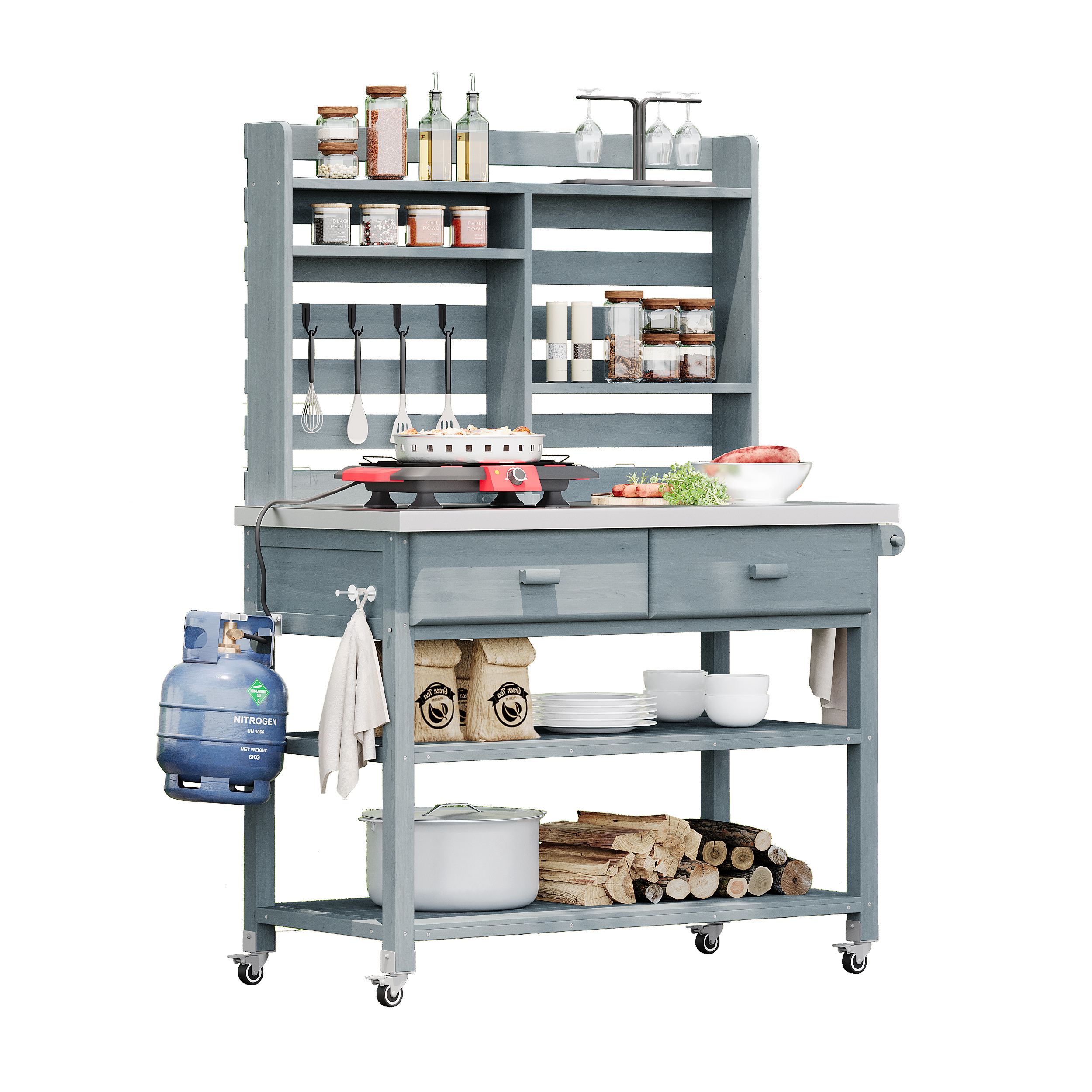 K&K 64.9"H Outdoor Potting Bench Table with Lockable Wheels, Solid Wood Outdoor Kitchen Island with Upper Hutch, Stainless Steel Top, Towel Rack ,Outdoor Storage for Grilling, Lawn Garden -Grey Blue - Image 3