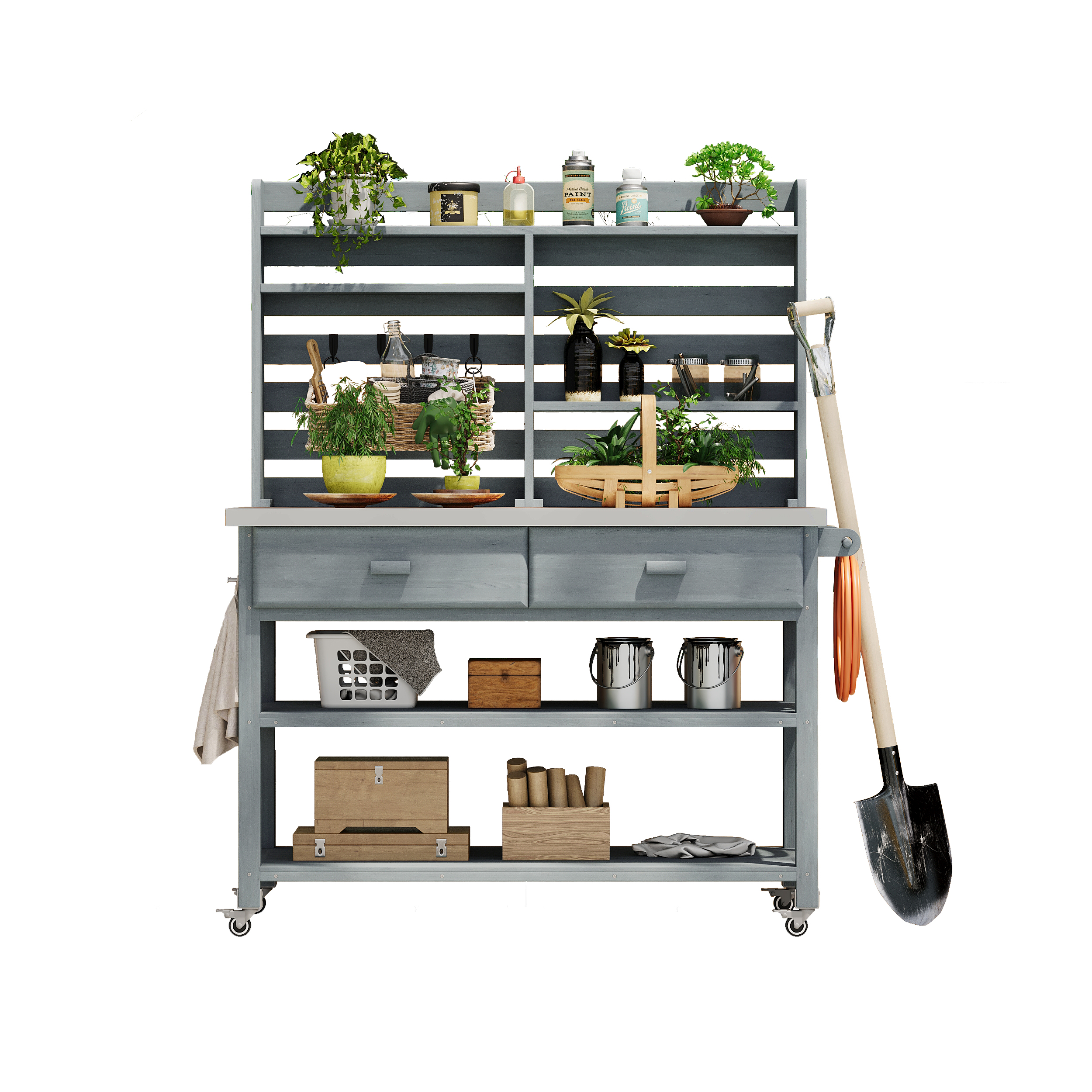 K&K 64.9"H Outdoor Potting Bench Table with Lockable Wheels, Solid Wood Outdoor Kitchen Island with Upper Hutch, Stainless Steel Top, Towel Rack ,Outdoor Storage for Grilling, Lawn Garden -Grey Blue - Image 4