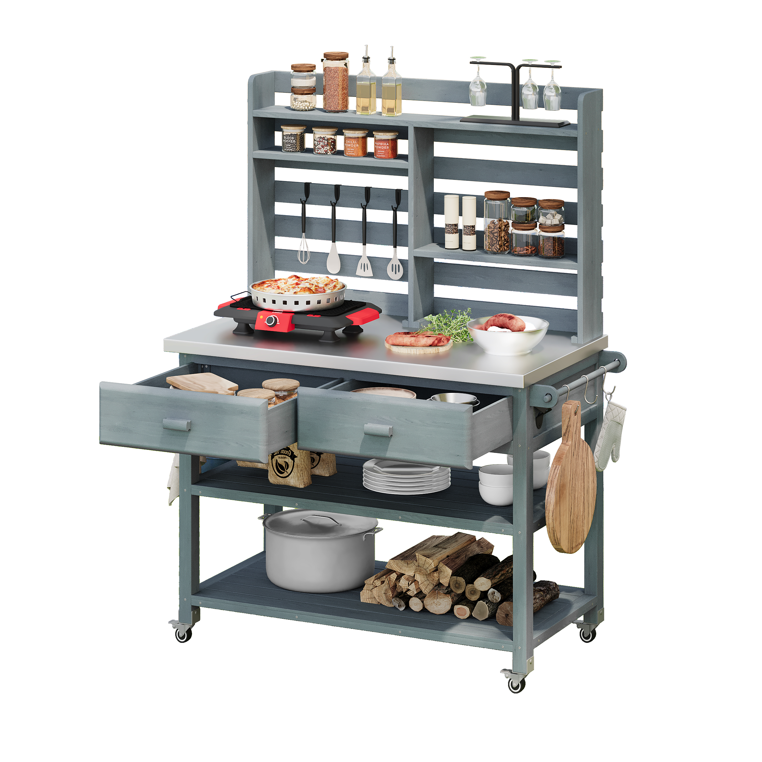 K&K 64.9"H Outdoor Potting Bench Table with Lockable Wheels, Solid Wood Outdoor Kitchen Island with Upper Hutch, Stainless Steel Top, Towel Rack ,Outdoor Storage for Grilling, Lawn Garden -Grey Blue - Image 5