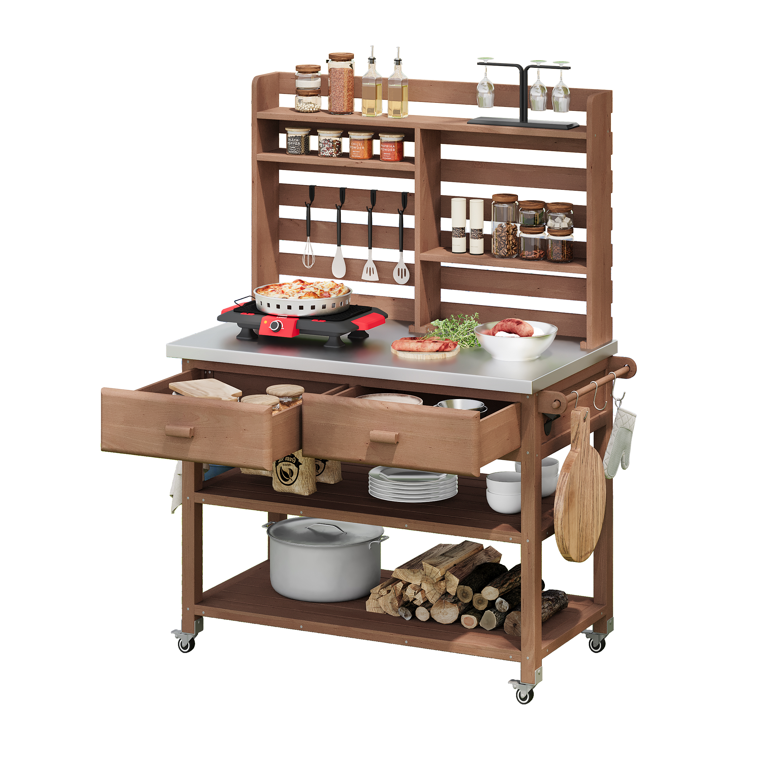 K&K 64.9"H Outdoor Potting Bench Table with Lockable Wheels, Solid Wood Outdoor Kitchen Island with Upper Hutch, Stainless Steel Top, Towel Rack ,Outdoor Storage for Grilling, Lawn Garden -Brown - Image 2