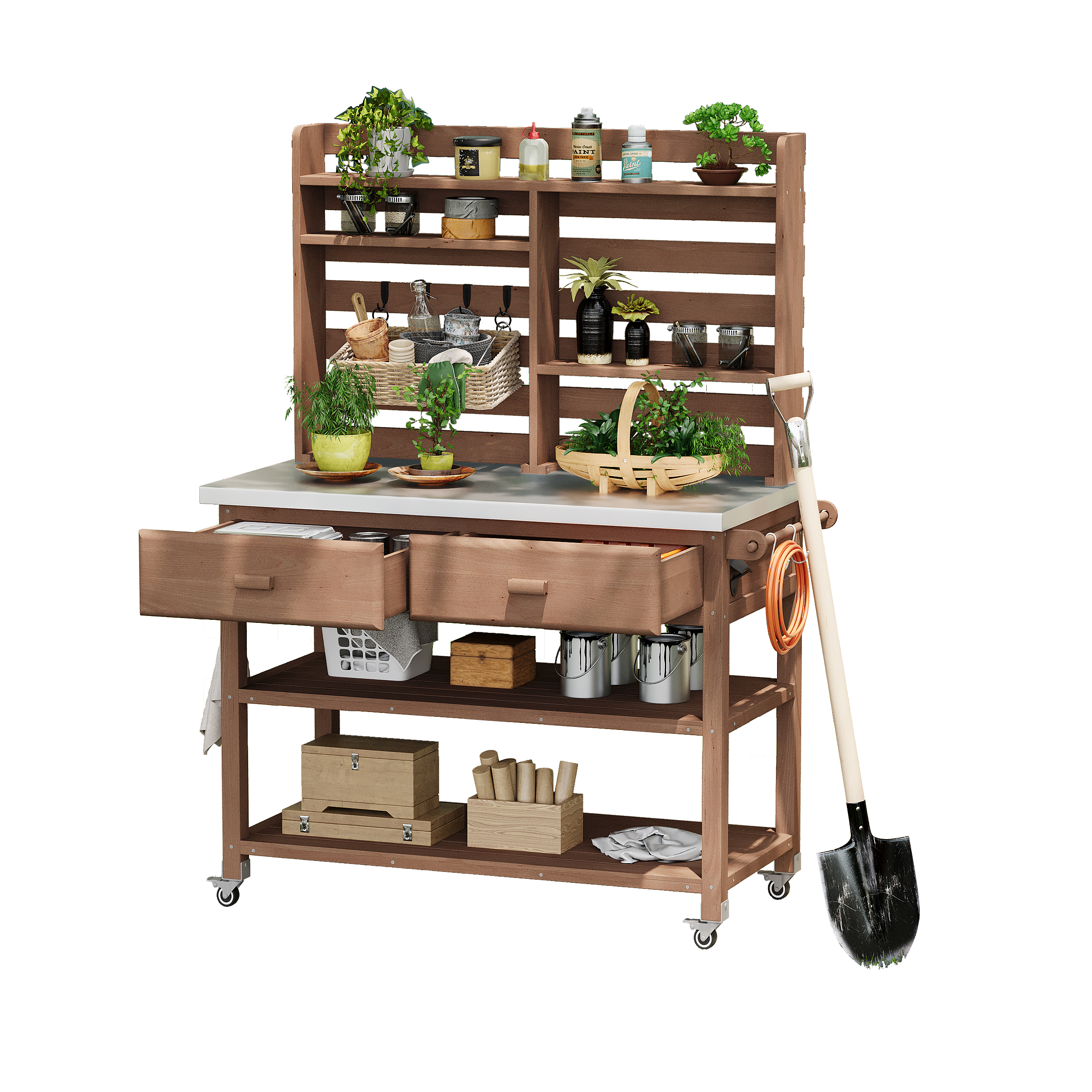 K&K 64.9"H Outdoor Potting Bench Table with Lockable Wheels, Solid Wood Outdoor Kitchen Island with Upper Hutch, Stainless Steel Top, Towel Rack ,Outdoor Storage for Grilling, Lawn Garden -Brown - Image 3