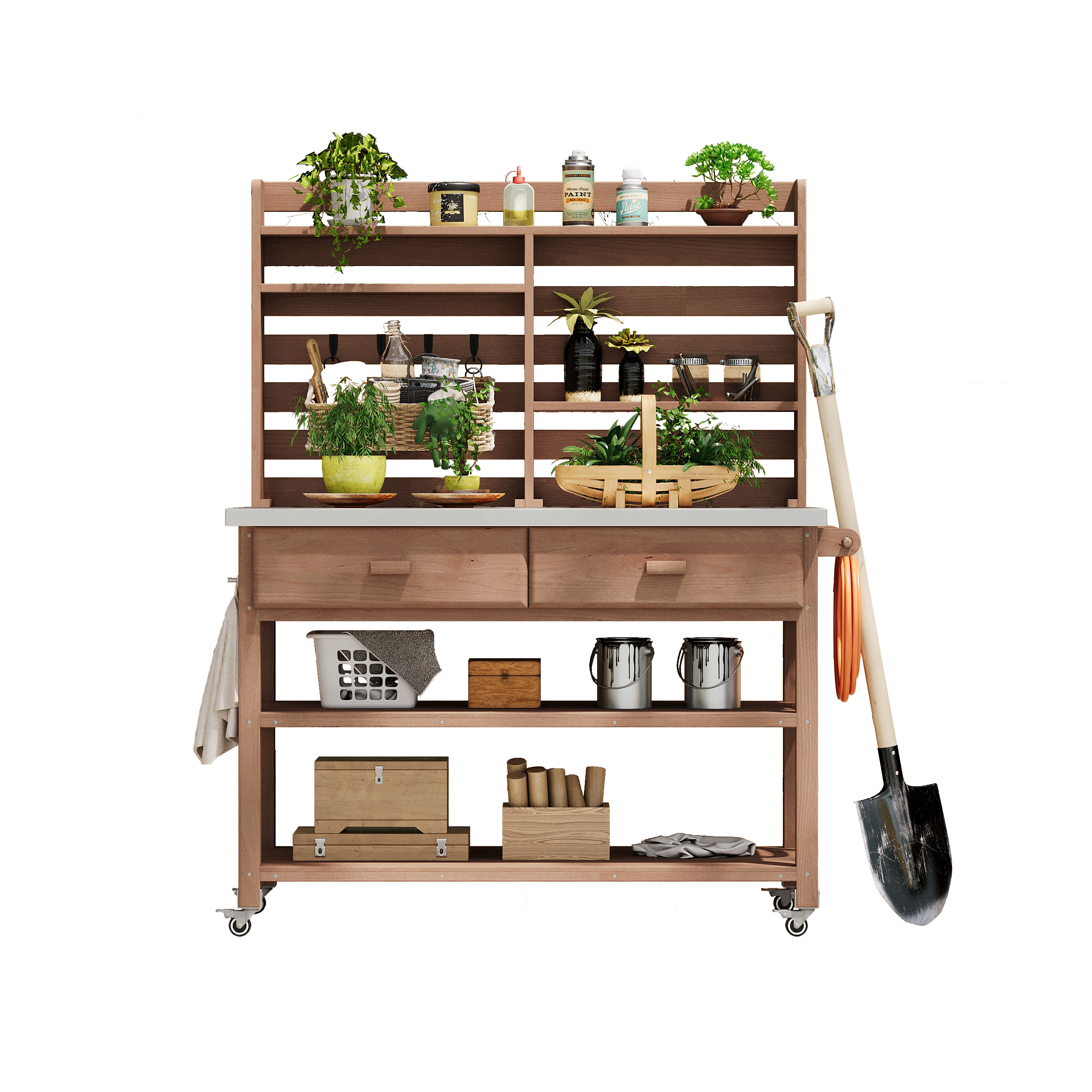 K&K 64.9"H Outdoor Potting Bench Table with Lockable Wheels, Solid Wood Outdoor Kitchen Island with Upper Hutch, Stainless Steel Top, Towel Rack ,Outdoor Storage for Grilling, Lawn Garden -Brown - Image 4