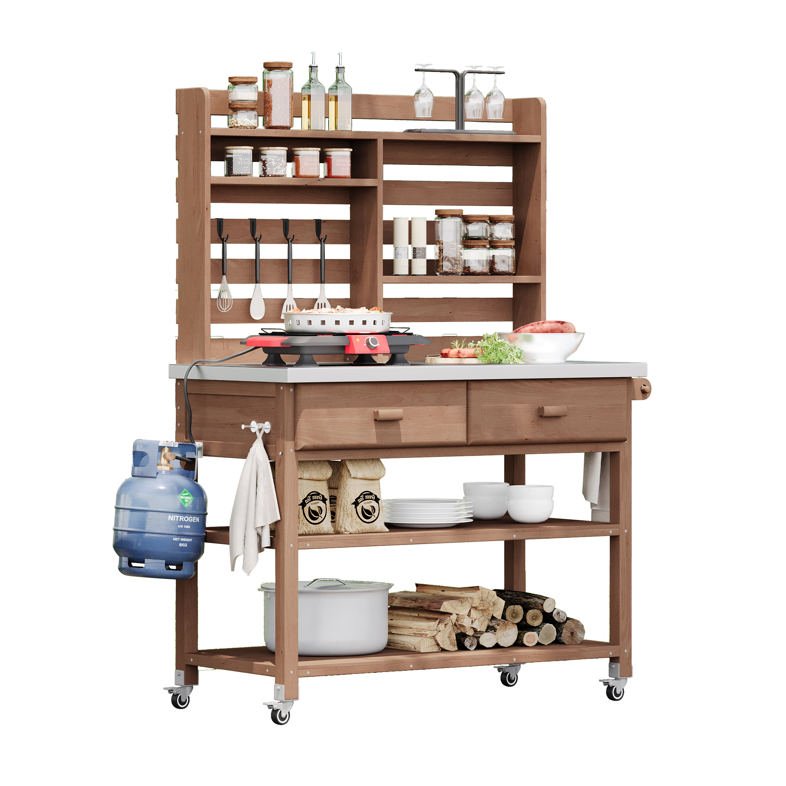 K&K 64.9"H Outdoor Potting Bench Table with Lockable Wheels, Solid Wood Outdoor Kitchen Island with Upper Hutch, Stainless Steel Top, Towel Rack ,Outdoor Storage for Grilling, Lawn Garden -Brown - Image 5