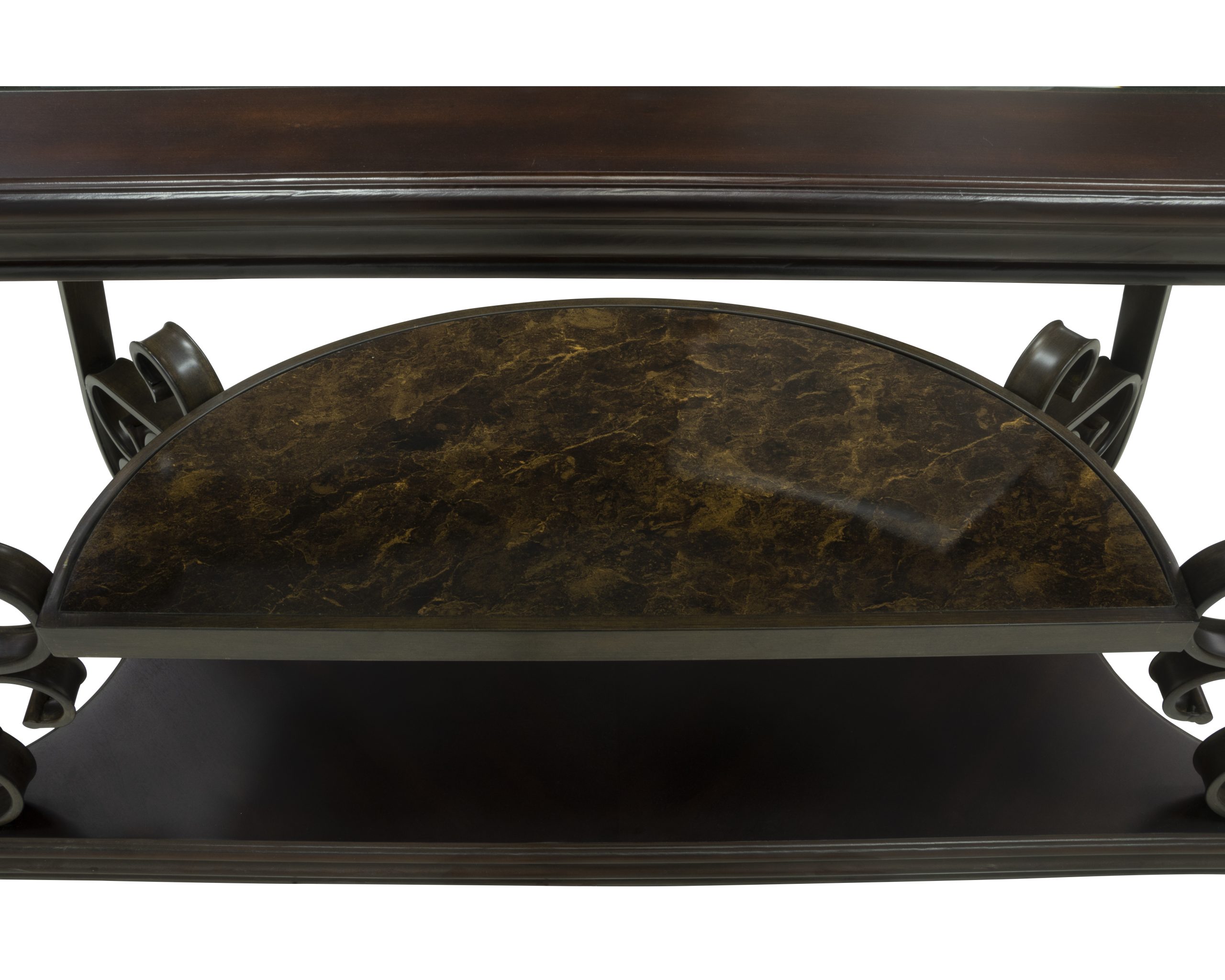 Sofa Table, Glass table top, MDF W/marble paper middle shelf, powder coat finish metal legs. (54"Lx20"Wx30"H) - Image 2