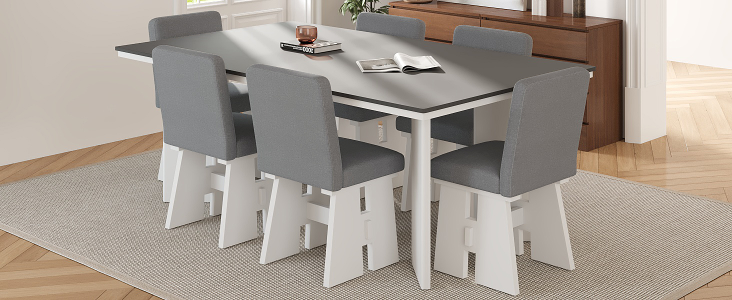 TOPMAX Modern 7-Piece Dining Table Set with 6 Upholstered Dining Chairs, Dark Gray+White - Image 4