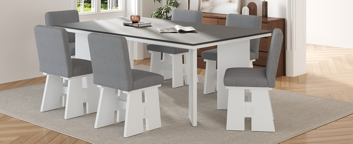 TOPMAX Modern 7-Piece Dining Table Set with 6 Upholstered Dining Chairs, Dark Gray+White - Image 3
