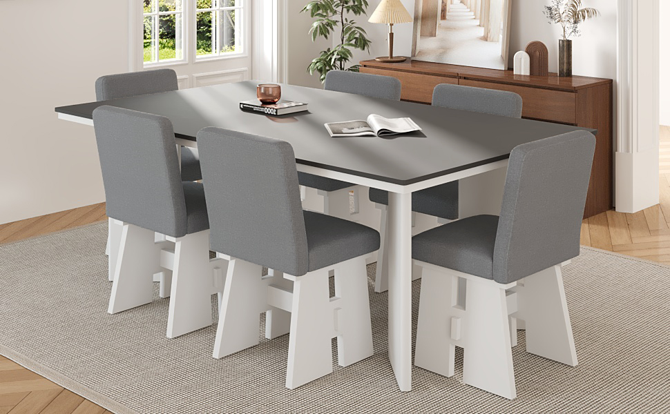 TOPMAX Modern 7-Piece Dining Table Set with 6 Upholstered Dining Chairs, Dark Gray+White - Image 5
