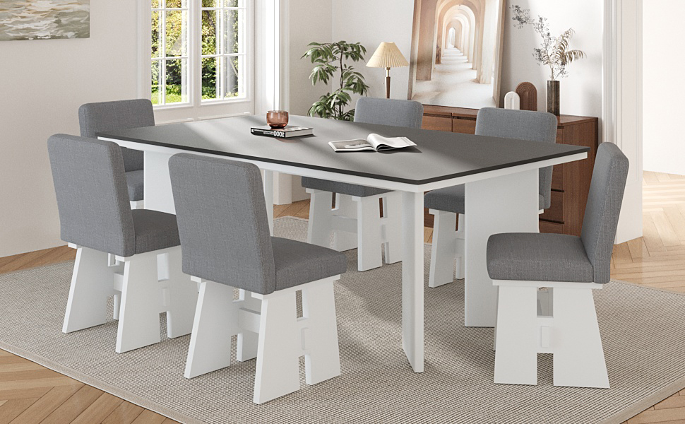 TOPMAX Modern 7-Piece Dining Table Set with 6 Upholstered Dining Chairs, Dark Gray+White - Image 6
