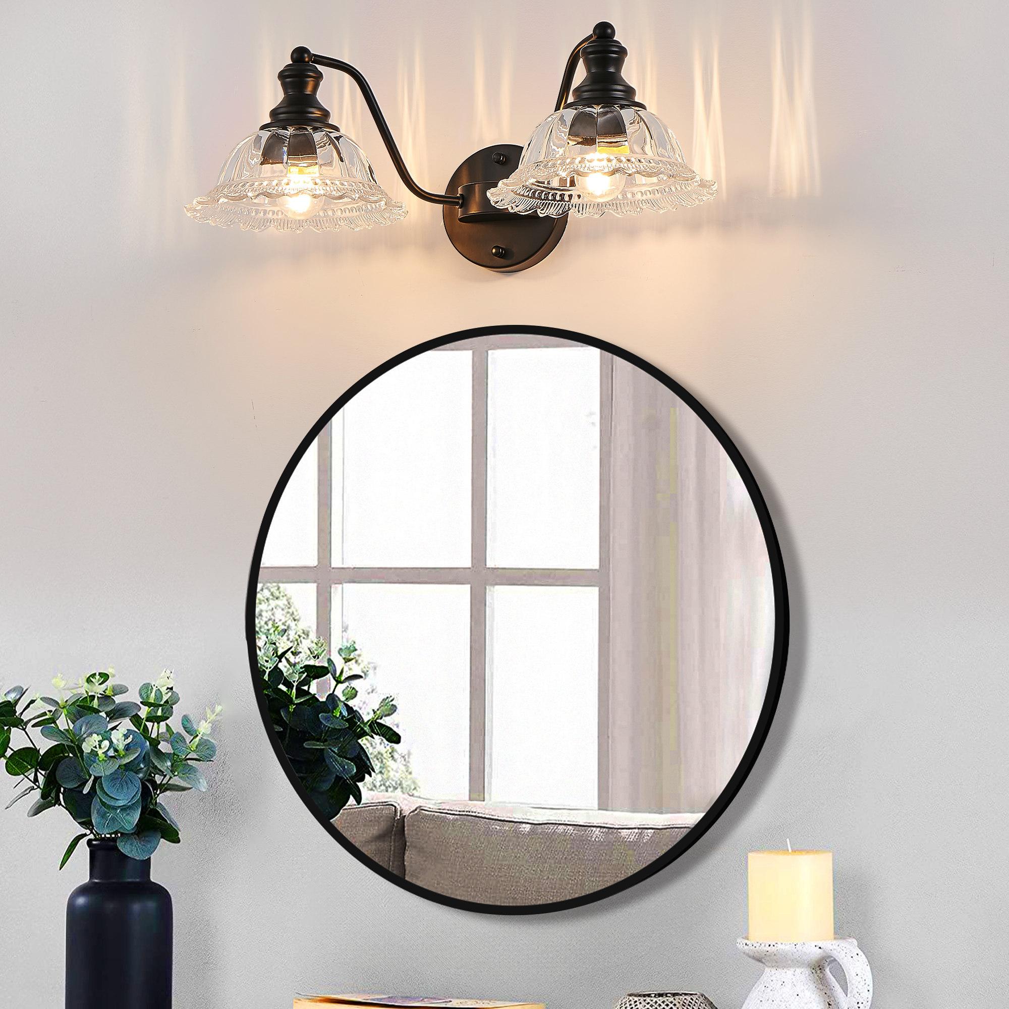 20 Inch 2-Light Vintage Bathroom Wall Sconce – Elegant Black Metal and Glass Lampshade Vanity Light Fixture for Bathroom, Hallway, or Bedroom (Bulb Not Included) - Image 2
