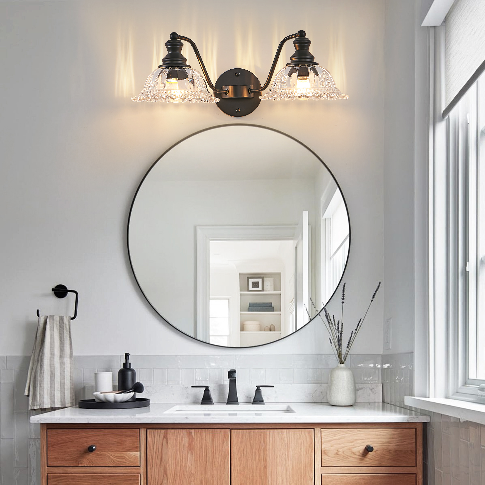 20 Inch 2-Light Vintage Bathroom Wall Sconce – Elegant Black Metal and Glass Lampshade Vanity Light Fixture for Bathroom, Hallway, or Bedroom (Bulb Not Included) - Image 3