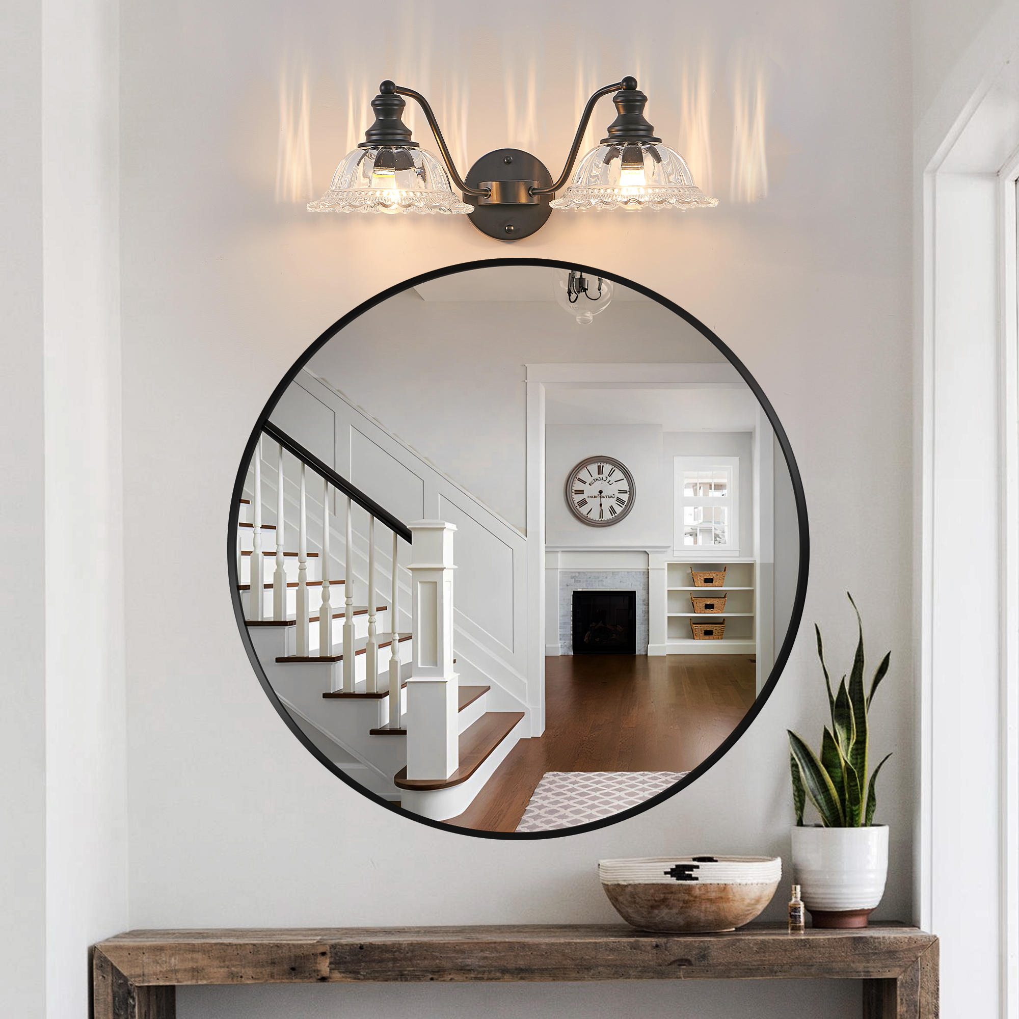 20 Inch 2-Light Vintage Bathroom Wall Sconce – Elegant Black Metal and Glass Lampshade Vanity Light Fixture for Bathroom, Hallway, or Bedroom (Bulb Not Included) - Image 4