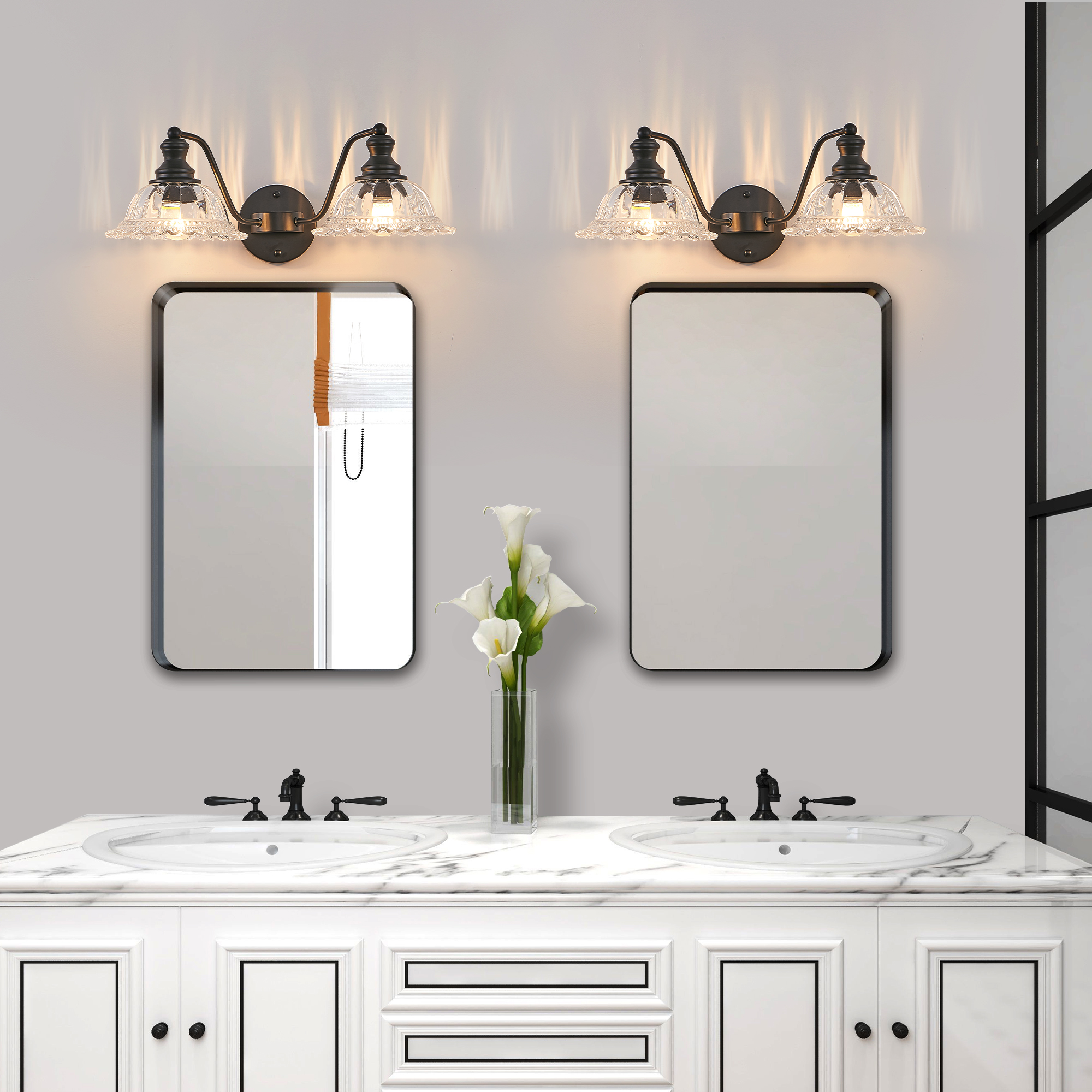 20 Inch 2-Light Vintage Bathroom Wall Sconce – Elegant Black Metal and Glass Lampshade Vanity Light Fixture for Bathroom, Hallway, or Bedroom (Bulb Not Included) - Image 5