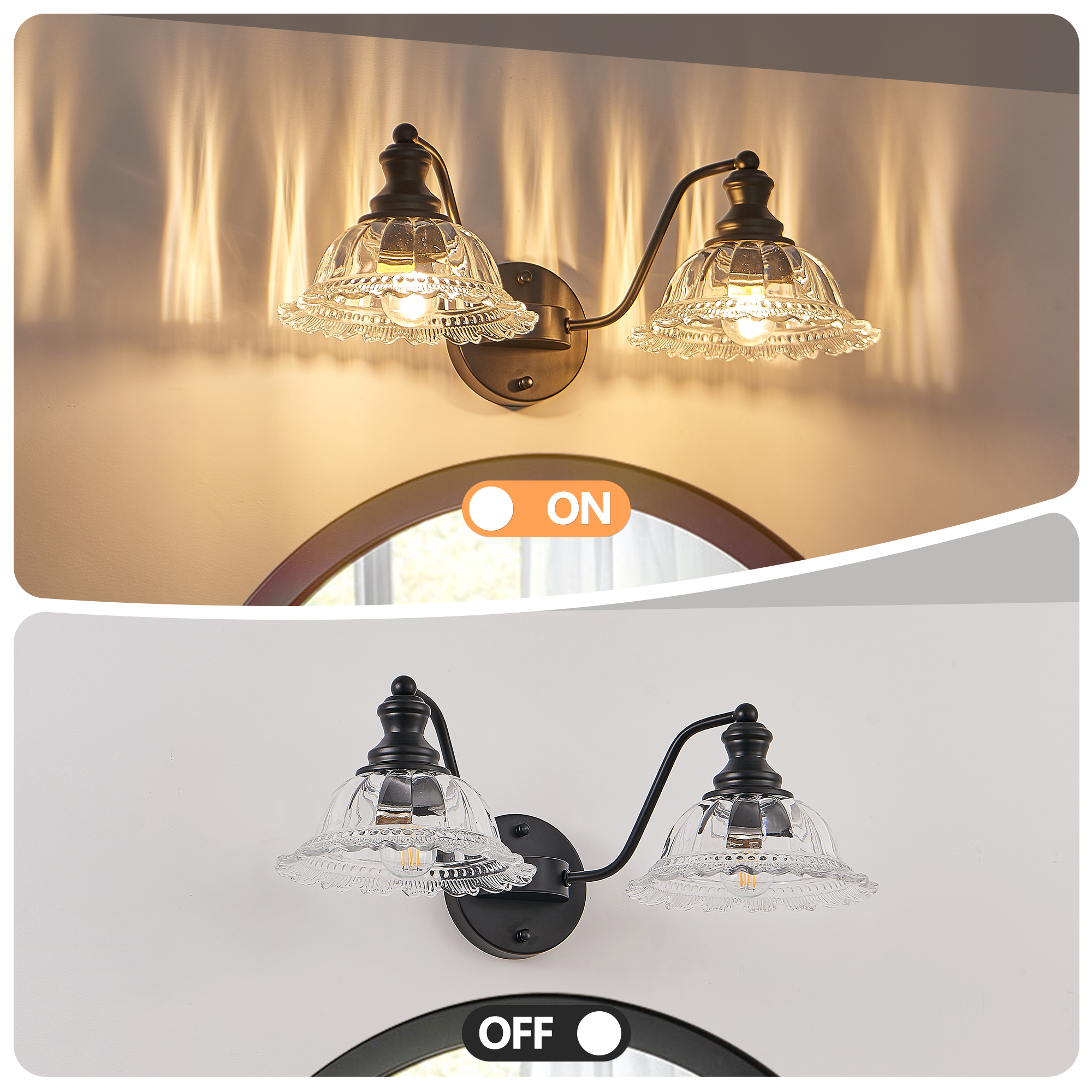 20 Inch 2-Light Vintage Bathroom Wall Sconce – Elegant Black Metal and Glass Lampshade Vanity Light Fixture for Bathroom, Hallway, or Bedroom (Bulb Not Included) - Image 6