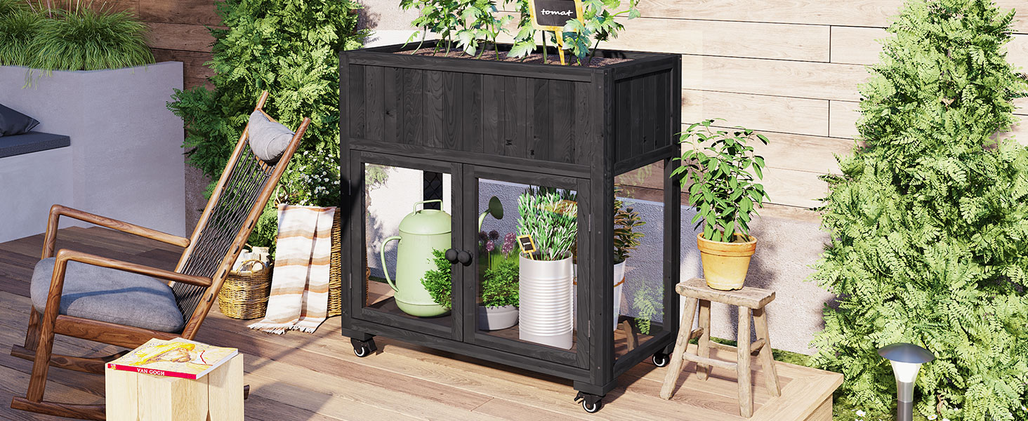 TOPMAX Patio 35.4''x17.7''x37.4'' Mini Wood Cold Frame, Compact 2 Doors Garden Greenhouse with Wheels, Raised Bed with Liner for Indoor Outdoor Use, Black - Image 2