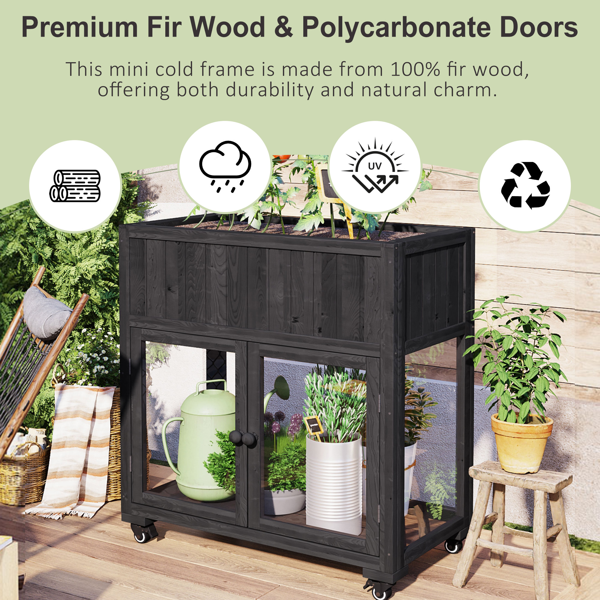 TOPMAX Patio 35.4''x17.7''x37.4'' Mini Wood Cold Frame, Compact 2 Doors Garden Greenhouse with Wheels, Raised Bed with Liner for Indoor Outdoor Use, Black - Image 4