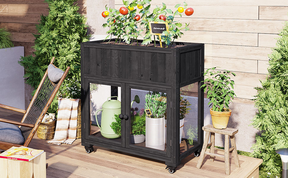 TOPMAX Patio 35.4''x17.7''x37.4'' Mini Wood Cold Frame, Compact 2 Doors Garden Greenhouse with Wheels, Raised Bed with Liner for Indoor Outdoor Use, Black - Image 3