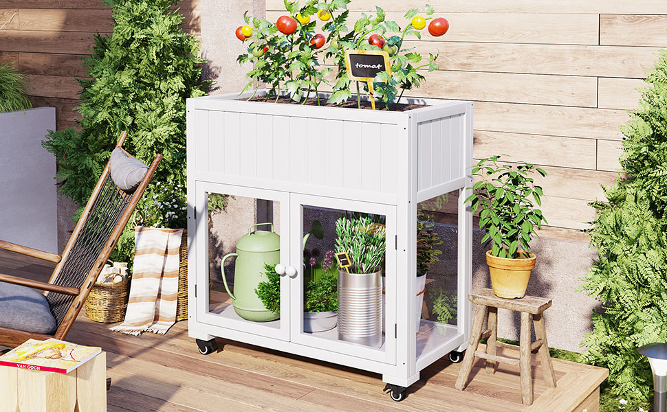 TOPMAX Patio 35.4''x17.7''x37.4'' Mini Wood Cold Frame, Compact 2 Doors Garden Greenhouse with Wheels, Raised Bed with Liner for Indoor Outdoor Use, White - Image 2