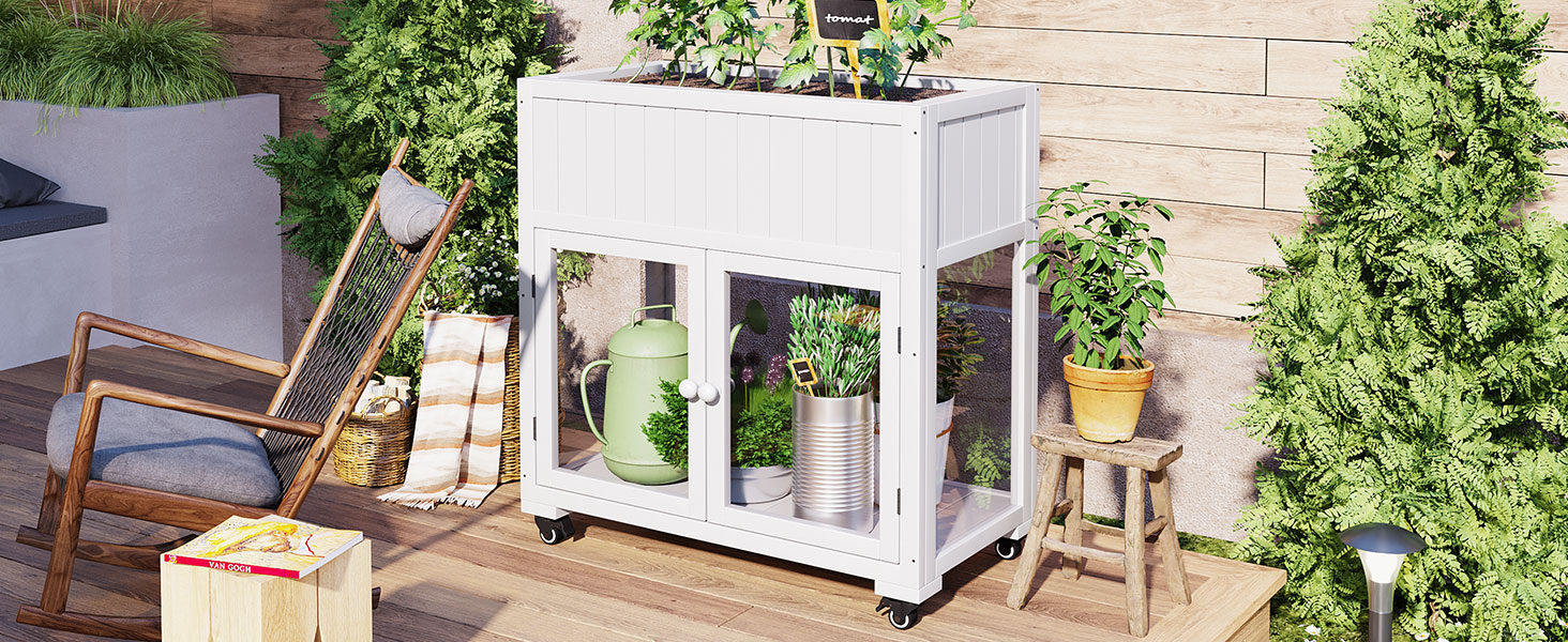 TOPMAX Patio 35.4''x17.7''x37.4'' Mini Wood Cold Frame, Compact 2 Doors Garden Greenhouse with Wheels, Raised Bed with Liner for Indoor Outdoor Use, White - Image 3