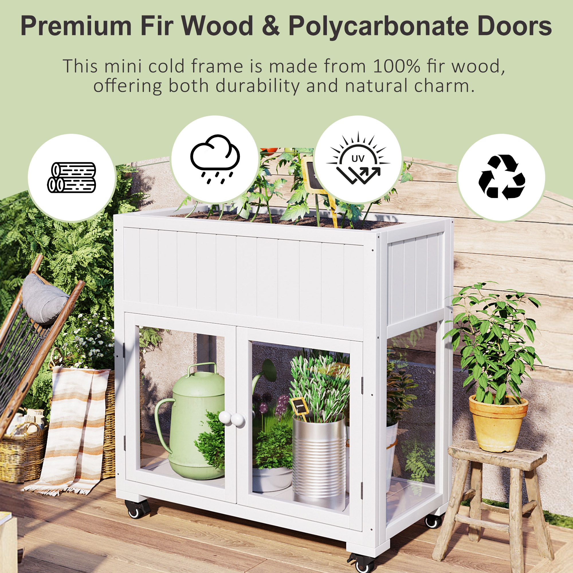 TOPMAX Patio 35.4''x17.7''x37.4'' Mini Wood Cold Frame, Compact 2 Doors Garden Greenhouse with Wheels, Raised Bed with Liner for Indoor Outdoor Use, White - Image 4