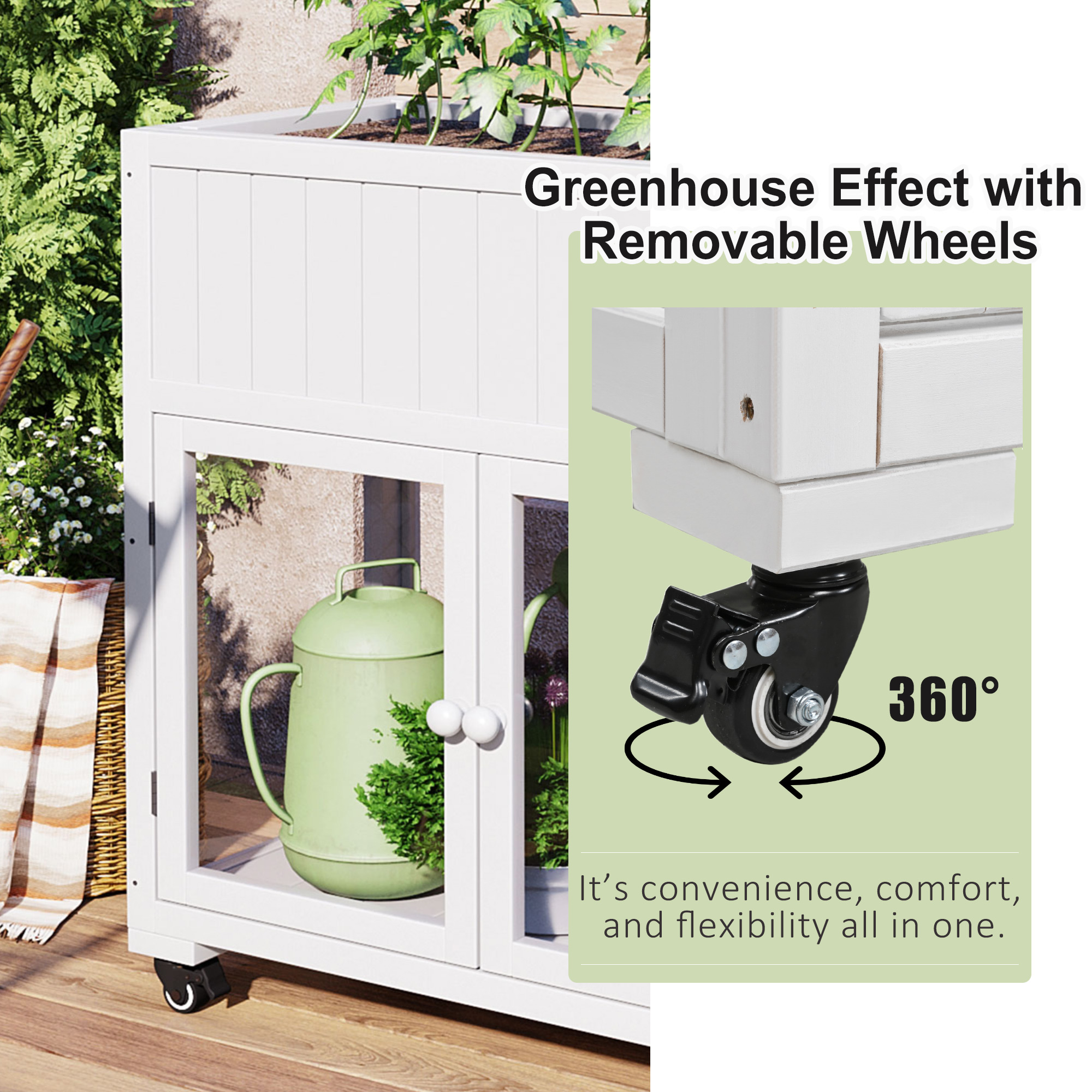 TOPMAX Patio 35.4''x17.7''x37.4'' Mini Wood Cold Frame, Compact 2 Doors Garden Greenhouse with Wheels, Raised Bed with Liner for Indoor Outdoor Use, White - Image 5