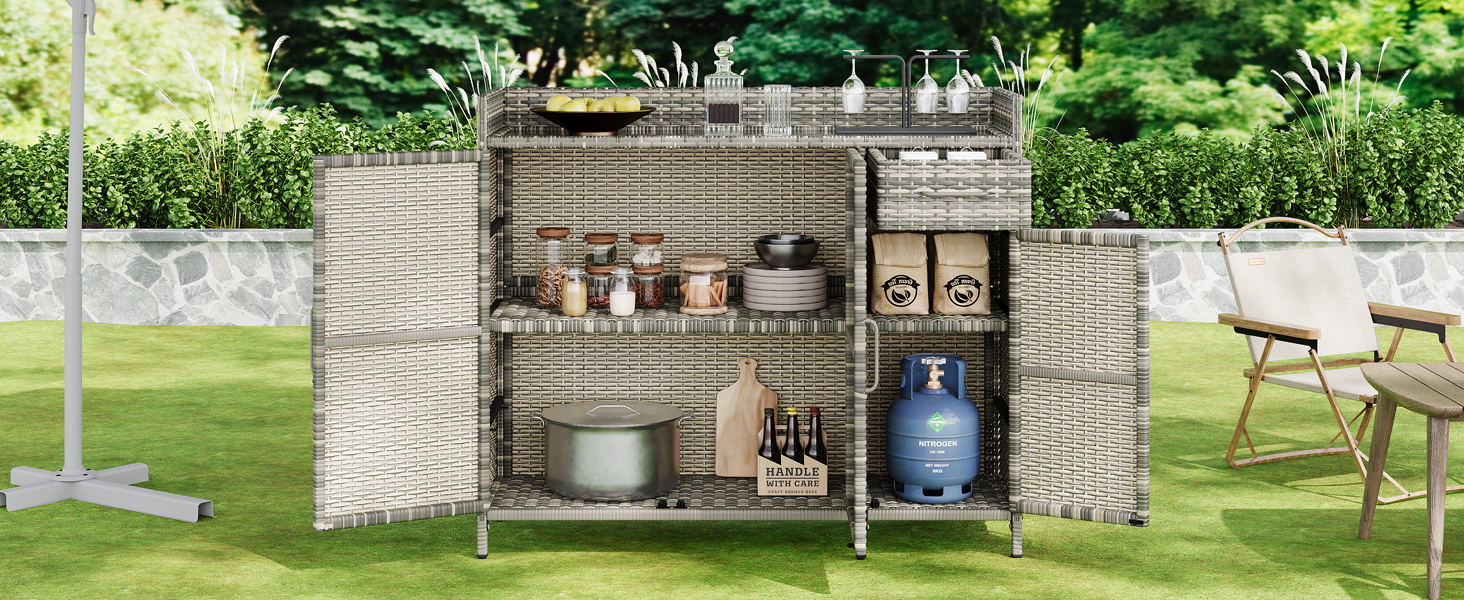 K&K 47.5"W Wicker Outdoor Storage Cabinet with Tempered Glass Desktop, Weather-proof Rattan Bar Table with Three Doors, Adjustable Shelf, and One Drawer, for Outdoor Cushions, Pool Toys , Grey - Image 5