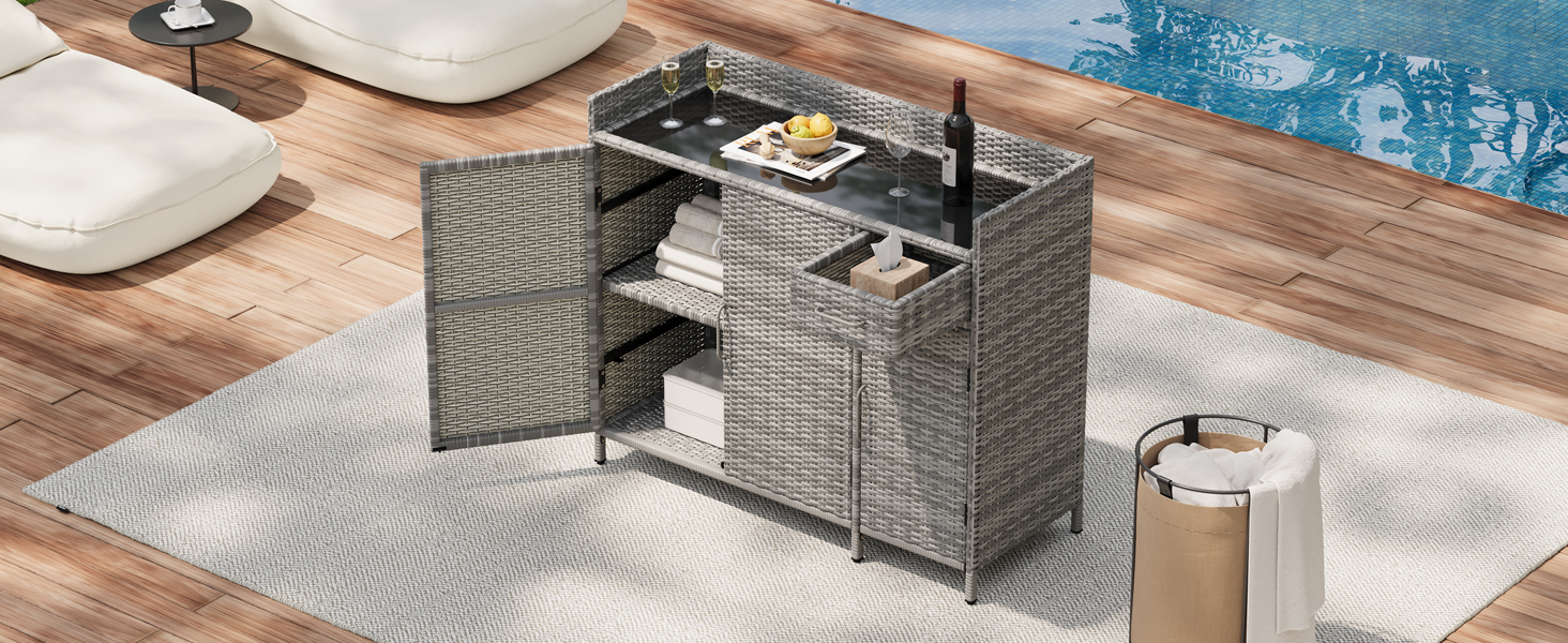 K&K 47.5"W Wicker Outdoor Storage Cabinet with Tempered Glass Desktop, Weather-proof Rattan Bar Table with Three Doors, Adjustable Shelf, and One Drawer, for Outdoor Cushions, Pool Toys , Grey - Image 6