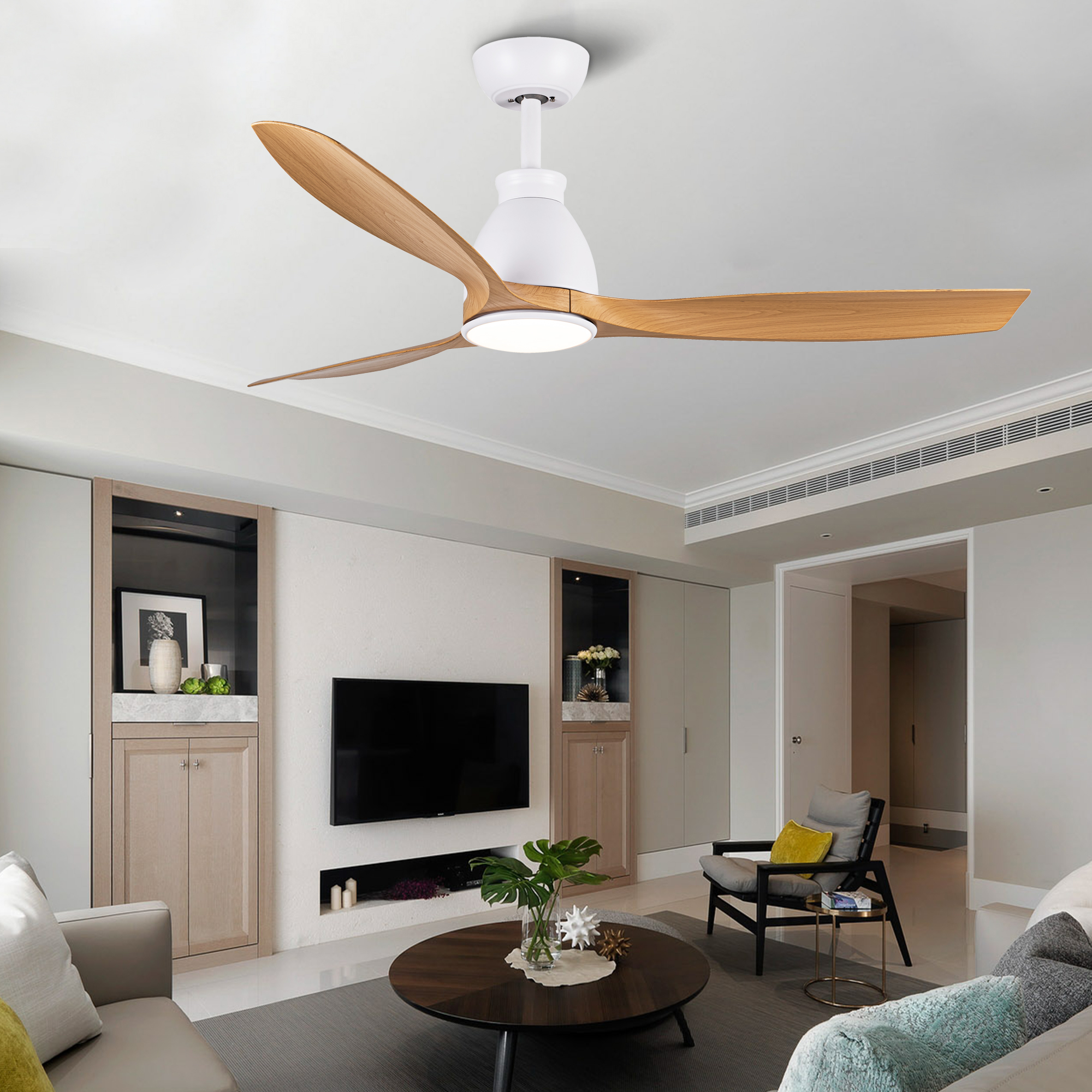 YUHAO 52 inch Indoor Ceiling Fan with Intergrated LED - Matte White with Antique Brown Wood Grain Blade - Image 2