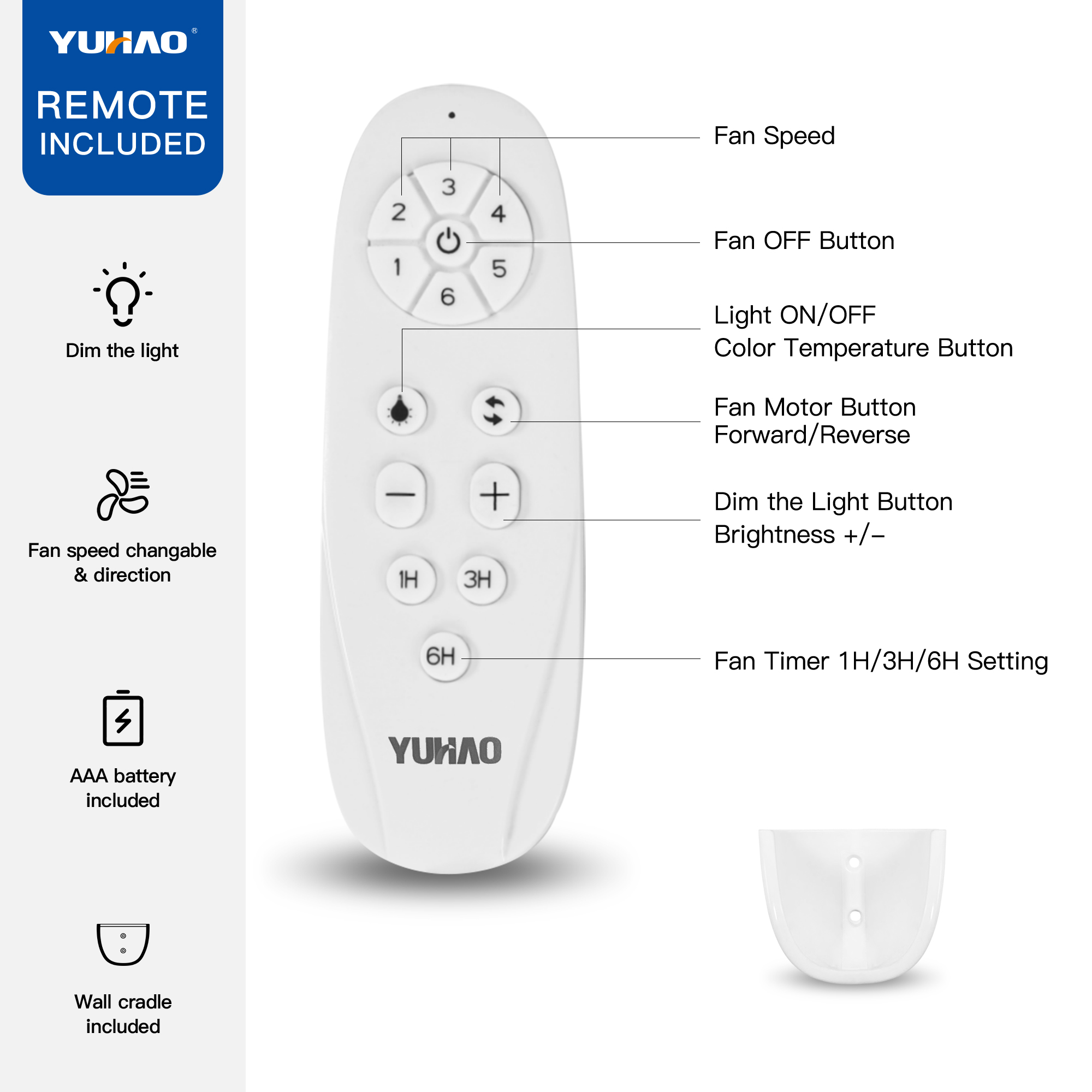 YUHAO 52 inch Indoor Ceiling Fan with Intergrated LED - Matte White with Antique Brown Wood Grain Blade - Image 5