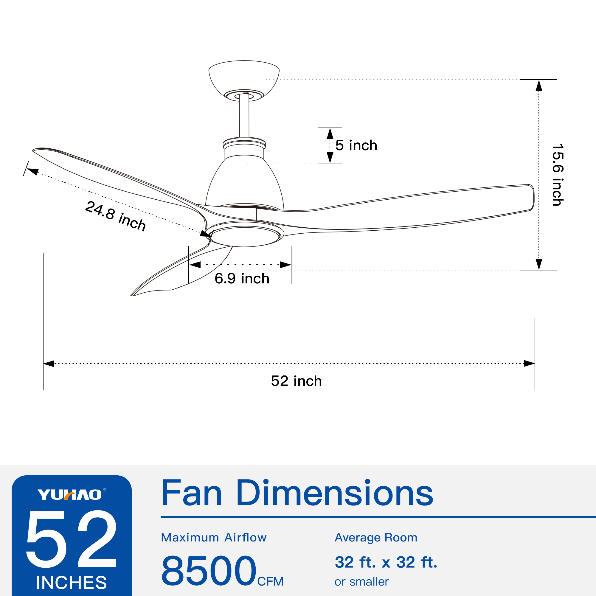 YUHAO 52 inch Indoor Ceiling Fan with Intergrated LED - Matte White with Antique Brown Wood Grain Blade - Image 4