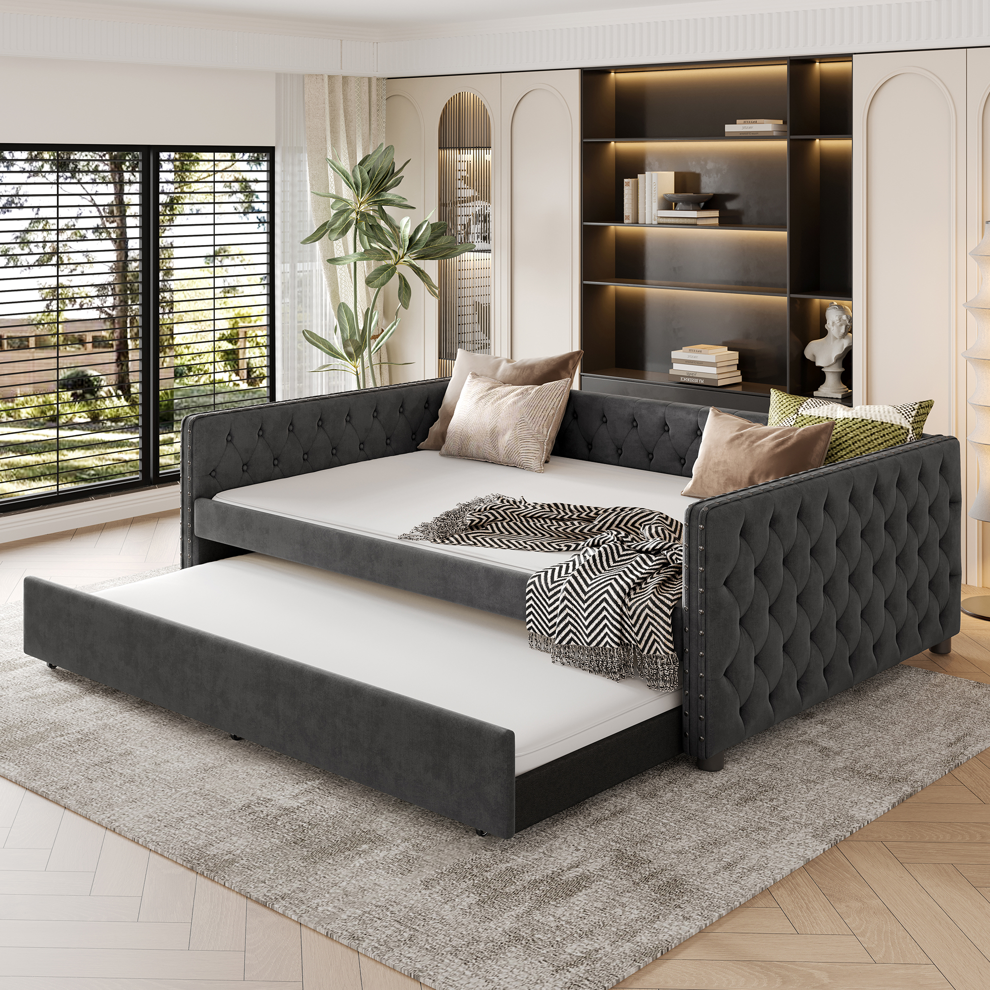Full Size Daybed, Upholstered Tufted Sofa Bed with Trundle, Daybed with Button & Copper Nail on Square Arms, Full Daybed with Twin Trundle, Gray - Image 1