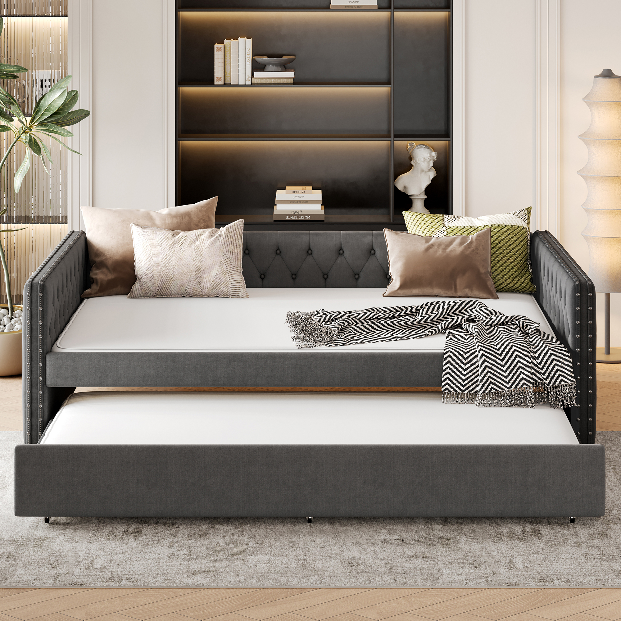 Full Size Daybed, Upholstered Tufted Sofa Bed with Trundle, Daybed with Button & Copper Nail on Square Arms, Full Daybed with Twin Trundle, Gray - Image 2